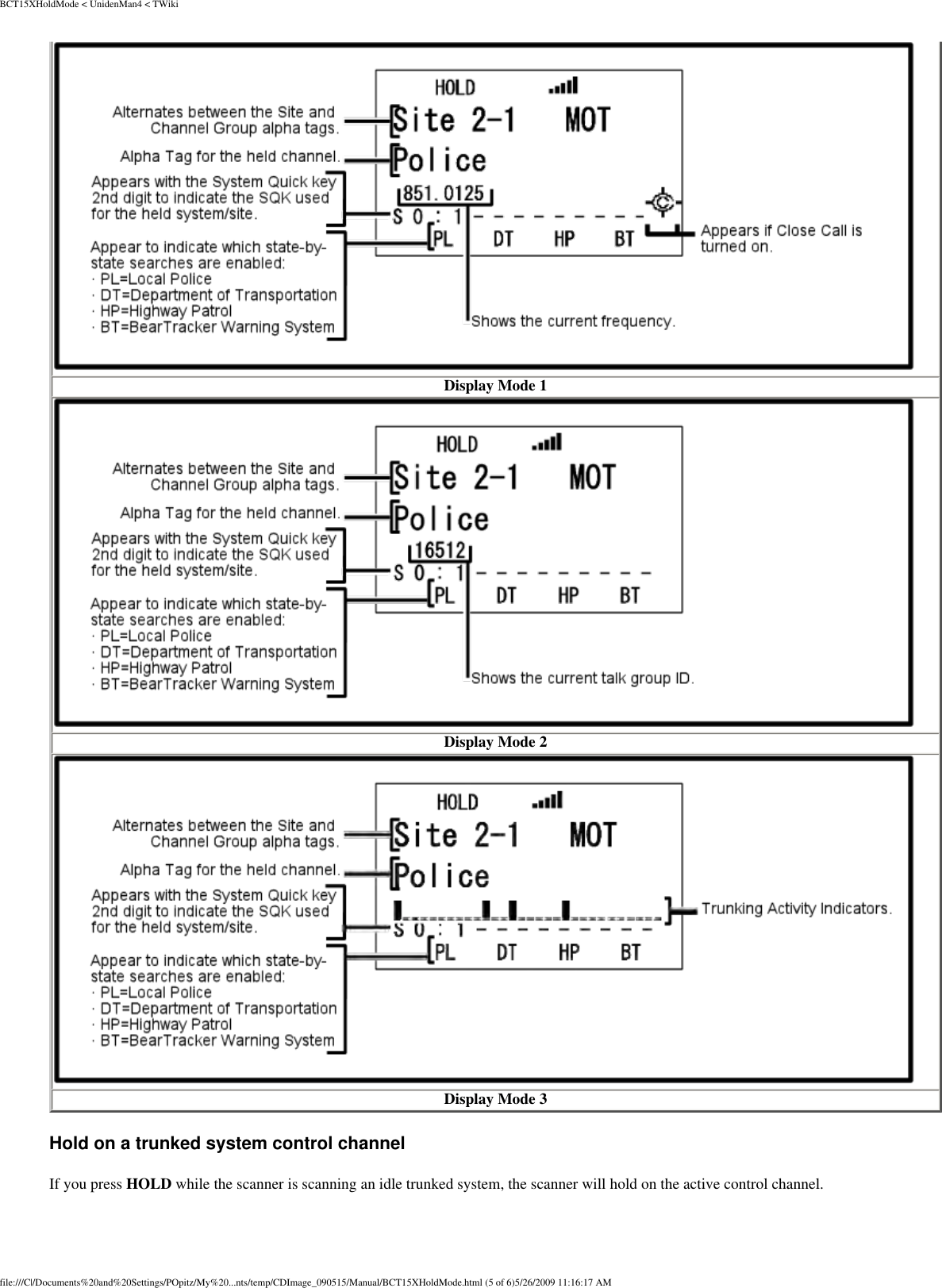 BCT15XHoldMode &lt; UnidenMan4 &lt; TWiki Display Mode 1   Display Mode 2   Display Mode 3 Hold on a trunked system control channel If you press HOLD while the scanner is scanning an idle trunked system, the scanner will hold on the active control channel. file:///C|/Documents%20and%20Settings/POpitz/My%20...nts/temp/CDImage_090515/Manual/BCT15XHoldMode.html (5 of 6)5/26/2009 11:16:17 AM