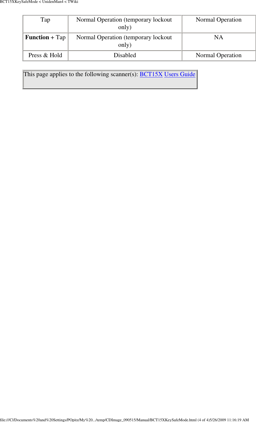 BCT15XKeySafeMode &lt; UnidenMan4 &lt; TWikiTap  Normal Operation (temporary lockout only)  Normal Operation Function + Tap  Normal Operation (temporary lockout only)  NA Press &amp; Hold  Disabled  Normal Operation This page applies to the following scanner(s): BCT15X Users Guidefile:///C|/Documents%20and%20Settings/POpitz/My%20.../temp/CDImage_090515/Manual/BCT15XKeySafeMode.html (4 of 4)5/26/2009 11:16:19 AM