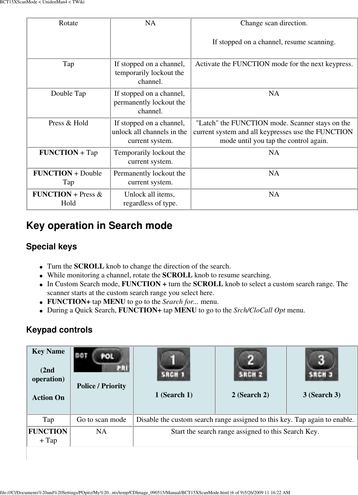 BCT15XScanMode &lt; UnidenMan4 &lt; TWikiRotate  NA  Change scan direction.If stopped on a channel, resume scanning. Tap  If stopped on a channel, temporarily lockout the channel. Activate the FUNCTION mode for the next keypress. Double Tap  If stopped on a channel, permanently lockout the channel. NA Press &amp; Hold  If stopped on a channel, unlock all channels in the current system. &quot;Latch&quot; the FUNCTION mode. Scanner stays on the current system and all keypresses use the FUNCTION mode until you tap the control again. FUNCTION + Tap  Temporarily lockout the current system.  NA FUNCTION + Double Tap  Permanently lockout the current system.  NA FUNCTION + Press &amp; Hold  Unlock all items, regardless of type.  NA Key operation in Search mode Special keys ●     Turn the SCROLL knob to change the direction of the search. ●     While monitoring a channel, rotate the SCROLL knob to resume searching. ●     In Custom Search mode, FUNCTION + turn the SCROLL knob to select a custom search range. The scanner starts at the custom search range you select here. ●     FUNCTION+ tap MENU to go to the Search for... menu. ●     During a Quick Search, FUNCTION+ tap MENU to go to the Srch/CloCall Opt menu. Keypad controls Key Name (2nd operation)Action On Police / Priority 1 (Search 1) 2 (Search 2)  3 (Search 3)Tap  Go to scan mode  Disable the custom search range assigned to this key. Tap again to enable. FUNCTION + Tap  NA  Start the search range assigned to this Search Key. file:///C|/Documents%20and%20Settings/POpitz/My%20...nts/temp/CDImage_090515/Manual/BCT15XScanMode.html (6 of 9)5/26/2009 11:16:22 AM