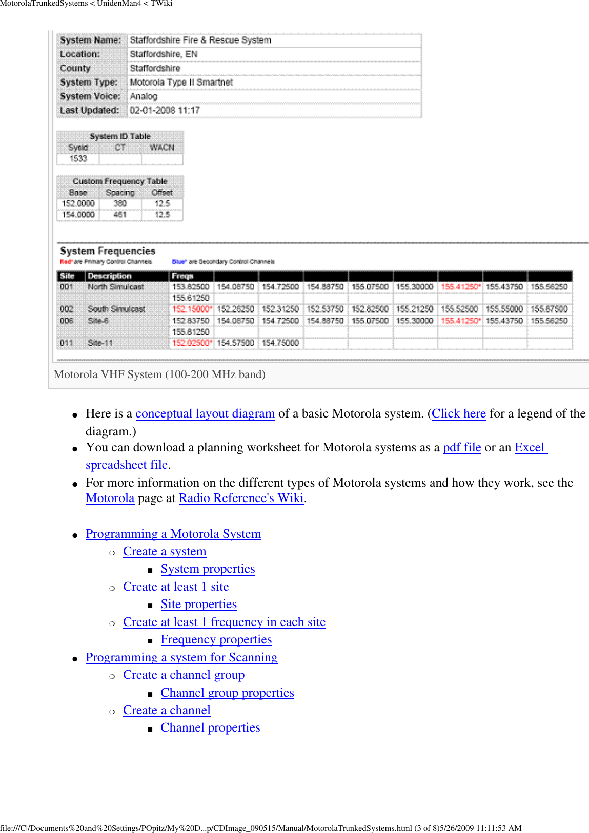 MotorolaTrunkedSystems &lt; UnidenMan4 &lt; TWikiMotorola VHF System (100-200 MHz band) ●     Here is a conceptual layout diagram of a basic Motorola system. (Click here for a legend of the diagram.) ●     You can download a planning worksheet for Motorola systems as a pdf file or an Excel spreadsheet file. ●     For more information on the different types of Motorola systems and how they work, see the Motorola page at Radio Reference&apos;s Wiki. ●     Programming a Motorola System ❍     Create a system ■     System properties ❍     Create at least 1 site ■     Site properties ❍     Create at least 1 frequency in each site ■     Frequency properties ●     Programming a system for Scanning ❍     Create a channel group ■     Channel group properties ❍     Create a channel ■     Channel properties file:///C|/Documents%20and%20Settings/POpitz/My%20D...p/CDImage_090515/Manual/MotorolaTrunkedSystems.html (3 of 8)5/26/2009 11:11:53 AM