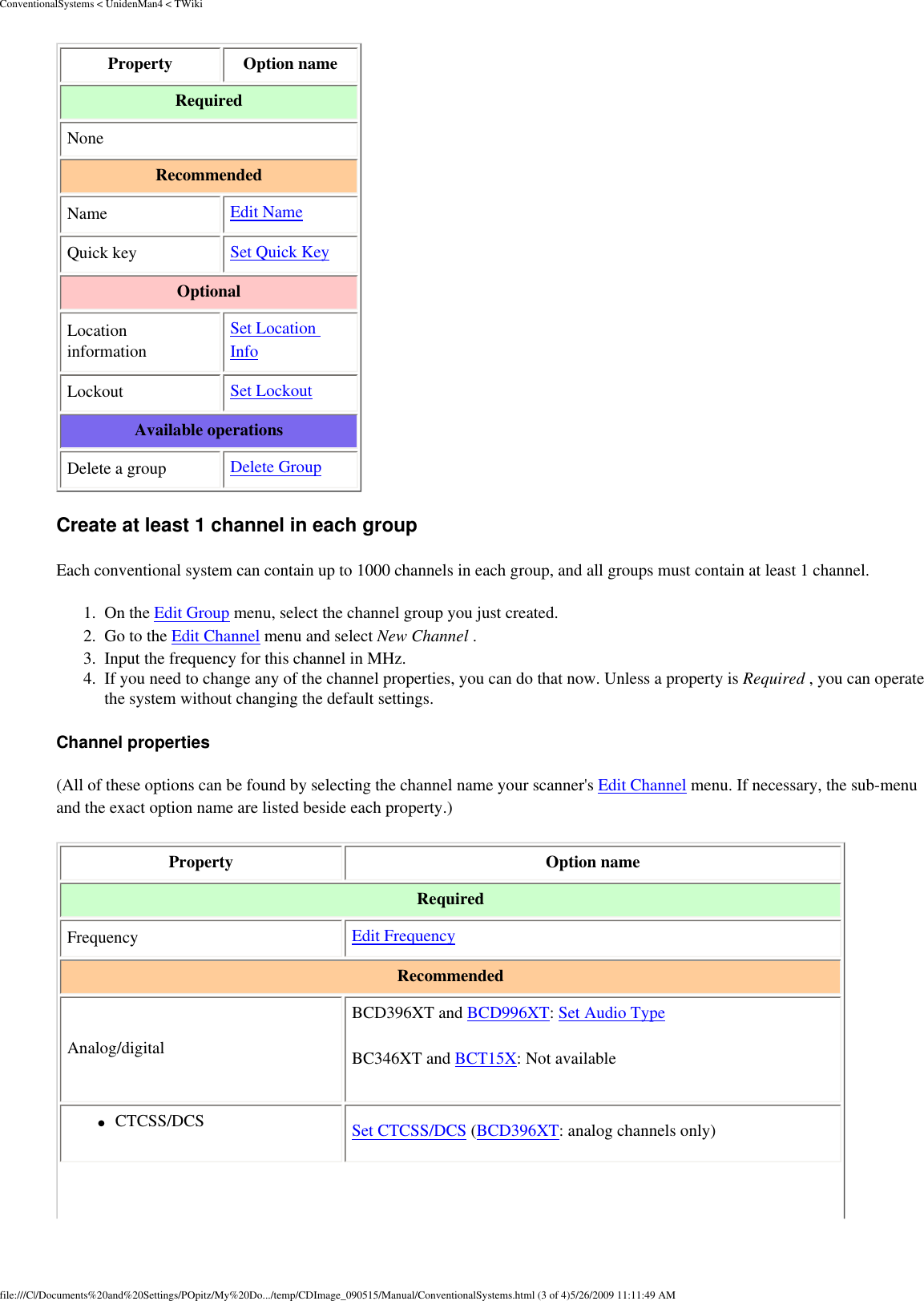 ConventionalSystems &lt; UnidenMan4 &lt; TWikiProperty  Option name Required None Recommended Name  Edit Name Quick key  Set Quick Key Optional Location information Set Location Info Lockout  Set Lockout Available operations Delete a group  Delete Group Create at least 1 channel in each group Each conventional system can contain up to 1000 channels in each group, and all groups must contain at least 1 channel. 1.  On the Edit Group menu, select the channel group you just created. 2.  Go to the Edit Channel menu and select New Channel . 3.  Input the frequency for this channel in MHz. 4.  If you need to change any of the channel properties, you can do that now. Unless a property is Required , you can operate the system without changing the default settings. Channel properties (All of these options can be found by selecting the channel name your scanner&apos;s Edit Channel menu. If necessary, the sub-menu and the exact option name are listed beside each property.) Property  Option name Required Frequency  Edit Frequency Recommended Analog/digital BCD396XT and BCD996XT: Set Audio Type BC346XT and BCT15X: Not available ●     CTCSS/DCS  Set CTCSS/DCS (BCD396XT: analog channels only) file:///C|/Documents%20and%20Settings/POpitz/My%20Do.../temp/CDImage_090515/Manual/ConventionalSystems.html (3 of 4)5/26/2009 11:11:49 AM