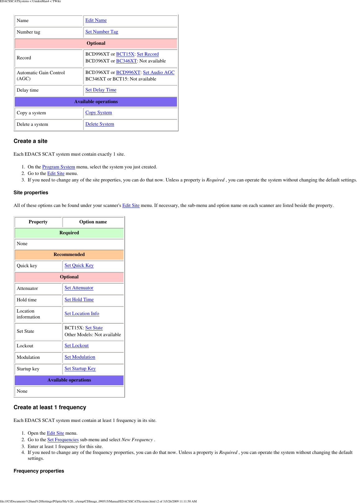 EDACSSCATSystems &lt; UnidenMan4 &lt; TWikiName  Edit Name Number tag  Set Number Tag Optional Record BCD996XT or BCT15X: Set Record BCD396XT or BC346XT: Not availableAutomatic Gain Control (AGC) BCD396XT or BCD996XT: Set Audio AGC BC346XT or BCT15: Not available Delay time  Set Delay Time Available operations Copy a system  Copy System Delete a system  Delete System Create a site Each EDACS SCAT system must contain exactly 1 site. 1.  On the Program System menu, select the system you just created. 2.  Go to the Edit Site menu. 3.  If you need to change any of the site properties, you can do that now. Unless a property is Required , you can operate the system without changing the default settings. Site properties All of these options can be found under your scanner&apos;s Edit Site menu. If necessary, the sub-menu and option name on each scanner are listed beside the property. Property  Option name Required None Recommended Quick key  Set Quick Key Optional Attenuator  Set Attenuator Hold time  Set Hold Time Location information  Set Location Info Set State BCT15X: Set State Other Models: Not availableLockout  Set Lockout Modulation  Set Modulation Startup key  Set Startup Key Available operations None Create at least 1 frequency Each EDACS SCAT system must contain at least 1 frequency in its site. 1.  Open the Edit Site menu. 2.  Go to the Set Frequencies sub-menu and select New Frequency . 3.  Enter at least 1 frequency for this site. 4.  If you need to change any of the frequency properties, you can do that now. Unless a property is Required , you can operate the system without changing the default settings. Frequency properties file:///C|/Documents%20and%20Settings/POpitz/My%20...s/temp/CDImage_090515/Manual/EDACSSCATSystems.html (2 of 3)5/26/2009 11:11:50 AM