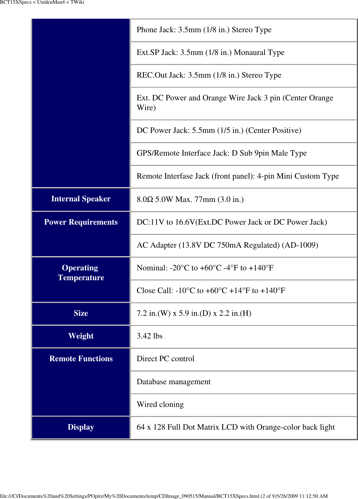 BCT15XSpecs &lt; UnidenMan4 &lt; TWikiPhone Jack: 3.5mm (1/8 in.) Stereo Type Ext.SP Jack: 3.5mm (1/8 in.) Monaural Type REC.Out Jack: 3.5mm (1/8 in.) Stereo Type Ext. DC Power and Orange Wire Jack 3 pin (Center Orange Wire) DC Power Jack: 5.5mm (1/5 in.) (Center Positive) GPS/Remote Interface Jack: D Sub 9pin Male Type Remote Interfase Jack (front panel): 4-pin Mini Custom Type Internal Speaker 8.0Ω 5.0W Max. 77mm (3.0 in.) Power Requirements DC:11V to 16.6V(Ext.DC Power Jack or DC Power Jack) AC Adapter (13.8V DC 750mA Regulated) (AD-1009) Operating Temperature Nominal: -20°C to +60°C -4°F to +140°F Close Call: -10°C to +60°C +14°F to +140°F Size 7.2 in.(W) x 5.9 in.(D) x 2.2 in.(H) Weight 3.42 lbs Remote Functions Direct PC control Database management Wired cloning Display 64 x 128 Full Dot Matrix LCD with Orange-color back light  file:///C|/Documents%20and%20Settings/POpitz/My%20Documents/temp/CDImage_090515/Manual/BCT15XSpecs.html (2 of 9)5/26/2009 11:12:50 AM