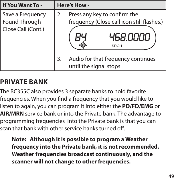 49If You Want To -  Here’s How - Save a Frequency Found Through Close Call (Cont.)Press any key to con rm the frequency (Close call icon still  ashes.) b4       468.0000  SRCH Audio for that frequency continues until the signal stops.2.3.PRIVATE BANKThe BC355C also provides 3 separate banks to hold favorite frequencies. When you  nd a frequency that you would like to listen to again, you can program it into either the PD/FD/EMG or AIR/MRN service bank or into the Private bank. The advantage to programming frequencies  into the Private bank is that you can scan that bank with other service banks turned o . Note:   Although it is possible to program a Weather frequency into the Private bank, it is not recommended. Weather frequencies broadcast continuously, and the scanner will not change to other frequencies.