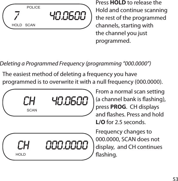 53   POLICE7         40.0600HOLD   SCAN    Press HOLD to release the Hold and continue scanning the rest of the programmed channels, starting with the channel you just programmed.Deleting a Programmed Frequency (programming “000.0000”) The easiest method of deleting a frequency you have programmed is to overwrite it with a null frequency (000.0000).          CH     40.0600    SCANFrom a normal scan setting (a channel bank is  ashing), press PROG.  CH displays and  ashes. Press and hold L/O for 2.5 seconds.               CH     000.0000       HOLD    Frequency changes to 000.0000, SCAN does not display,  and CH continues  ashing. 