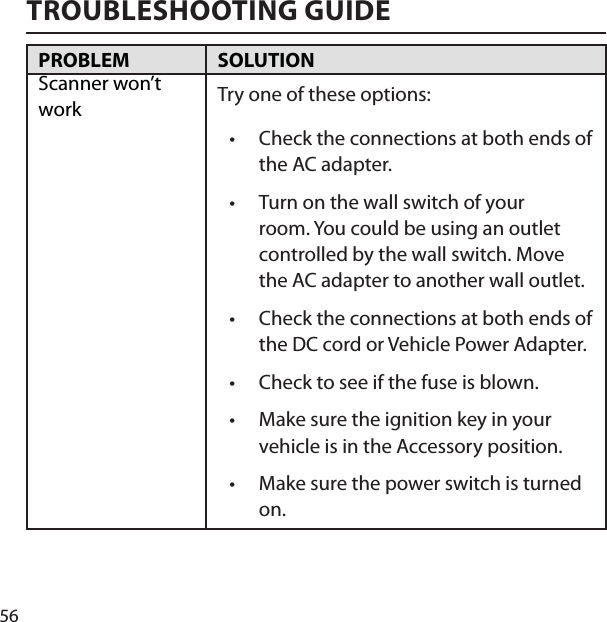 56TROUBLESHOOTING GUIDEPROBLEM SOLUTION Scanner won’t work Try one of these options:Check the connections at both ends of the AC adapter.Turn on the wall switch of your room. You could be using an outlet controlled by the wall switch. Move the AC adapter to another wall outlet.Check the connections at both ends of the DC cord or Vehicle Power Adapter.Check to see if the fuse is blown. Make sure the ignition key in your vehicle is in the Accessory position.Make sure the power switch is turned on.••••••