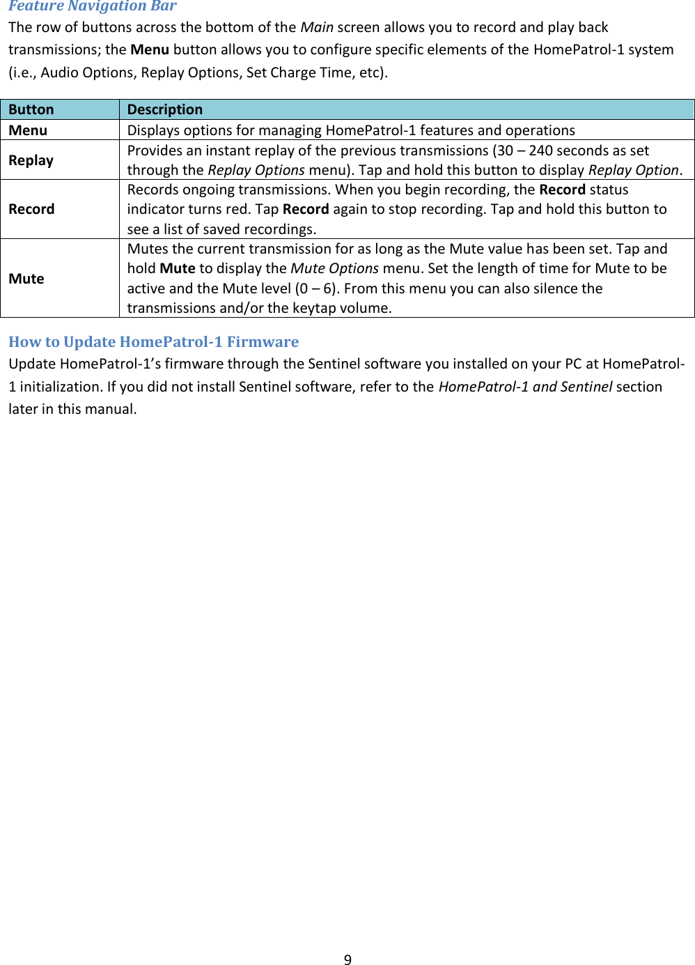  9  Feature Navigation Bar The row of buttons across the bottom of the Main screen allows you to record and play back transmissions; the Menu button allows you to configure specific elements of the HomePatrol-1 system (i.e., Audio Options, Replay Options, Set Charge Time, etc). Button Description Menu Displays options for managing HomePatrol-1 features and operations Replay Provides an instant replay of the previous transmissions (30 – 240 seconds as set through the Replay Options menu). Tap and hold this button to display Replay Option. Record Records ongoing transmissions. When you begin recording, the Record status indicator turns red. Tap Record again to stop recording. Tap and hold this button to see a list of saved recordings. Mute Mutes the current transmission for as long as the Mute value has been set. Tap and hold Mute to display the Mute Options menu. Set the length of time for Mute to be active and the Mute level (0 – 6). From this menu you can also silence the transmissions and/or the keytap volume. How to Update HomePatrol-1 Firmware Update HomePatrol-1’s firmware through the Sentinel software you installed on your PC at HomePatrol-1 initialization. If you did not install Sentinel software, refer to the HomePatrol-1 and Sentinel section later in this manual.  