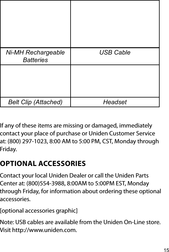 15Ni-MH Rechargeable BatteriesUSB CableBelt Clip (Attached) HeadsetIf any of these items are missing or damaged, immediately contact your place of purchase or Uniden Customer Service at: (800) 297-1023, 8:00 AM to 5:00 PM, CST, Monday through Friday.OPTIONAL ACCESSORIESContact your local Uniden Dealer or call the Uniden Parts Center at: (800)554-3988, 8:00AM to 5:00PM EST, Monday through Friday, for information about ordering these optional accessories.[optional accessories graphic]Note: USB cables are available from the Uniden On-Line store. Visit http://www.uniden.com.