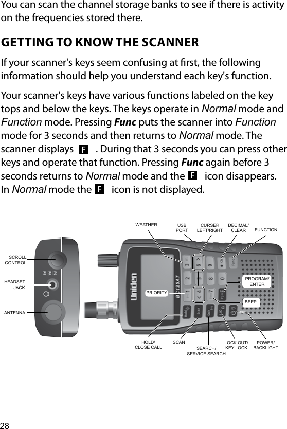 28You can scan the channel storage banks to see if there is activity on the frequencies stored there.GETTING TO KNOW THE SCANNERIf your scanner&apos;s keys seem confusing at rst, the following information should help you understand each key&apos;s function.Your scanner&apos;s keys have various functions labeled on the key tops and below the keys. The keys operate in Normal mode and Function mode. Pressing Func puts the scanner into Function mode for 3 seconds and then returns to Normal mode. The scanner displays   F . During that 3 seconds you can press other keys and operate that function. Pressing Func again before 3 seconds returns to Normal mode and the  F icon disappears. In Normal mode the  F icon is not displayed.HEADSET JACKANTENNAHOLD/CLOSE CALLSCANSEARCH/SERVICE SEARCHLOCK OUT/KEY LOCKPOWER/BACKLIGHTPROGRAM/ENTERFUNCTIONDECIMAL/CLEARWEATHERPRIORITYBEEPCURSER LEFT/RIGHTSCROLL CONTROLUSB PORT