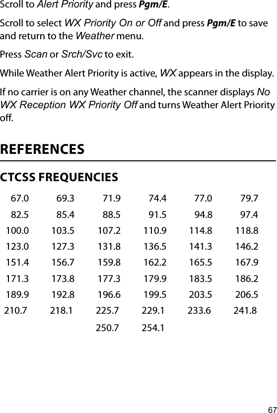 67Scroll to Alert Priority and press Pgm/E.Scroll to select WX Priority On or Off and press Pgm/E to save and return to the Weather menu.Press Scan or Srch/Svc to exit.While Weather Alert Priority is active, WX appears in the display.If no carrier is on any Weather channel, the scanner displays No WX Reception WX Priority Off and turns Weather Alert Priority o.REFERENCESCTCSS FREQUENCIES67.0 69.3 71.9 74.4 77.0 79.782.5 85.4 88.5 91.5 94.8 97.4100.0 103.5 107.2 110.9 114.8 118.8123.0 127.3 131.8 136.5 141.3 146.2151.4 156.7 159.8 162.2 165.5 167.9171.3 173.8 177.3 179.9 183.5 186.2189.9 192.8 196.6 199.5 203.5 206.5210.7 218.1 225.7 229.1 233.6 241.8250.7 254.1