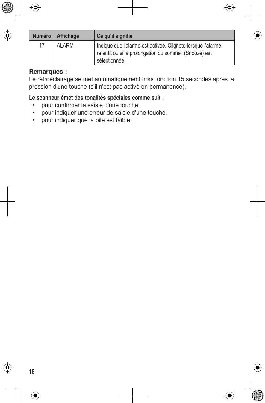 18Numéro Affichage  Ce qu&apos;il signifie17 ALARM Indique que l&apos;alarme est activée. Clignote lorsque l&apos;alarme retentit ou si la prolongation du sommeil (Snooze) est sélectionnée.Remarques :Le rétroéclairage se met automatiquement hors fonction 15 secondes après la pression d&apos;une touche (s&apos;il n&apos;est pas activé en permanence).Le scanneur émet des tonalités spéciales comme suit :•   pour confirmer la saisie d&apos;une touche.•   pour indiquer une erreur de saisie d&apos;une touche.•  pour indiquer que la pile est faible.