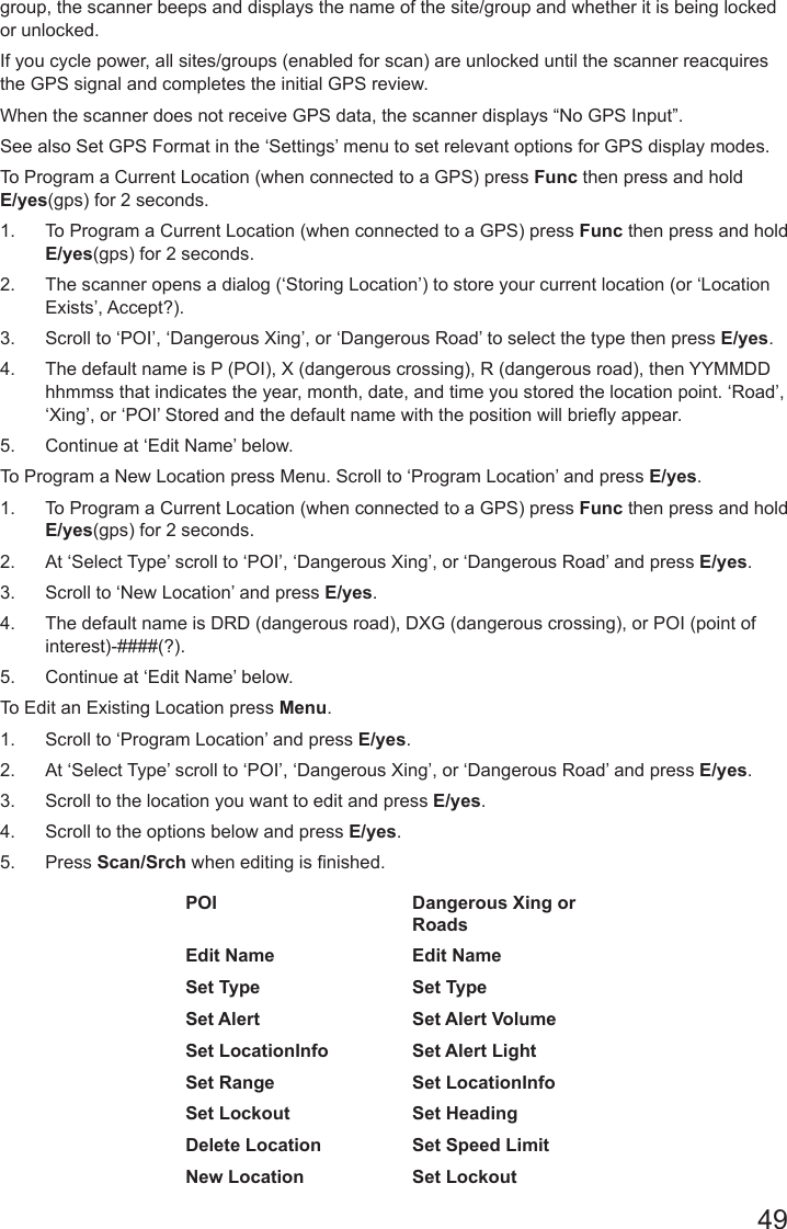 49group, the scanner beeps and displays the name of the site/group and whether it is being locked or unlocked. If you cycle power, all sites/groups (enabled for scan) are unlocked until the scanner reacquires the GPS signal and completes the initial GPS review.When the scanner does not receive GPS data, the scanner displays “No GPS Input”.See also Set GPS Format in the ‘Settings’ menu to set relevant options for GPS display modes.To Program a Current Location (when connected to a GPS) press Func then press and hold E/yes(gps) for 2 seconds.1.  To Program a Current Location (when connected to a GPS) press Func then press and hold E/yes(gps) for 2 seconds.2.  The scanner opens a dialog (‘Storing Location’) to store your current location (or ‘Location Exists’, Accept?).3.  Scroll to ‘POI’, ‘Dangerous Xing’, or ‘Dangerous Road’ to select the type then press E/yes.4.  The default name is P (POI), X (dangerous crossing), R (dangerous road), then YYMMDD hhmmss that indicates the year, month, date, and time you stored the location point. ‘Road’, ‘Xing’, or ‘POI’ Stored and the default name with the position will briey appear.5.  Continue at ‘Edit Name’ below. To Program a New Location press Menu. Scroll to ‘Program Location’ and press E/yes.1.  To Program a Current Location (when connected to a GPS) press Func then press and hold E/yes(gps) for 2 seconds.2.  At ‘Select Type’ scroll to ‘POI’, ‘Dangerous Xing’, or ‘Dangerous Road’ and press E/yes.3.  Scroll to ‘New Location’ and press E/yes.4.  The default name is DRD (dangerous road), DXG (dangerous crossing), or POI (point of interest)-####(?).5.  Continue at ‘Edit Name’ below.To Edit an Existing Location press Menu.1.  Scroll to ‘Program Location’ and press E/yes.2.  At ‘Select Type’ scroll to ‘POI’, ‘Dangerous Xing’, or ‘Dangerous Road’ and press E/yes.3.  Scroll to the location you want to edit and press E/yes.4.  Scroll to the options below and press E/yes. 5.  Press Scan/Srch when editing is nished.POI Dangerous Xing or RoadsEdit Name Edit NameSet Type Set TypeSet Alert Set Alert VolumeSet LocationInfo Set Alert LightSet Range Set LocationInfoSet Lockout Set HeadingDelete Location Set Speed LimitNew Location Set Lockout