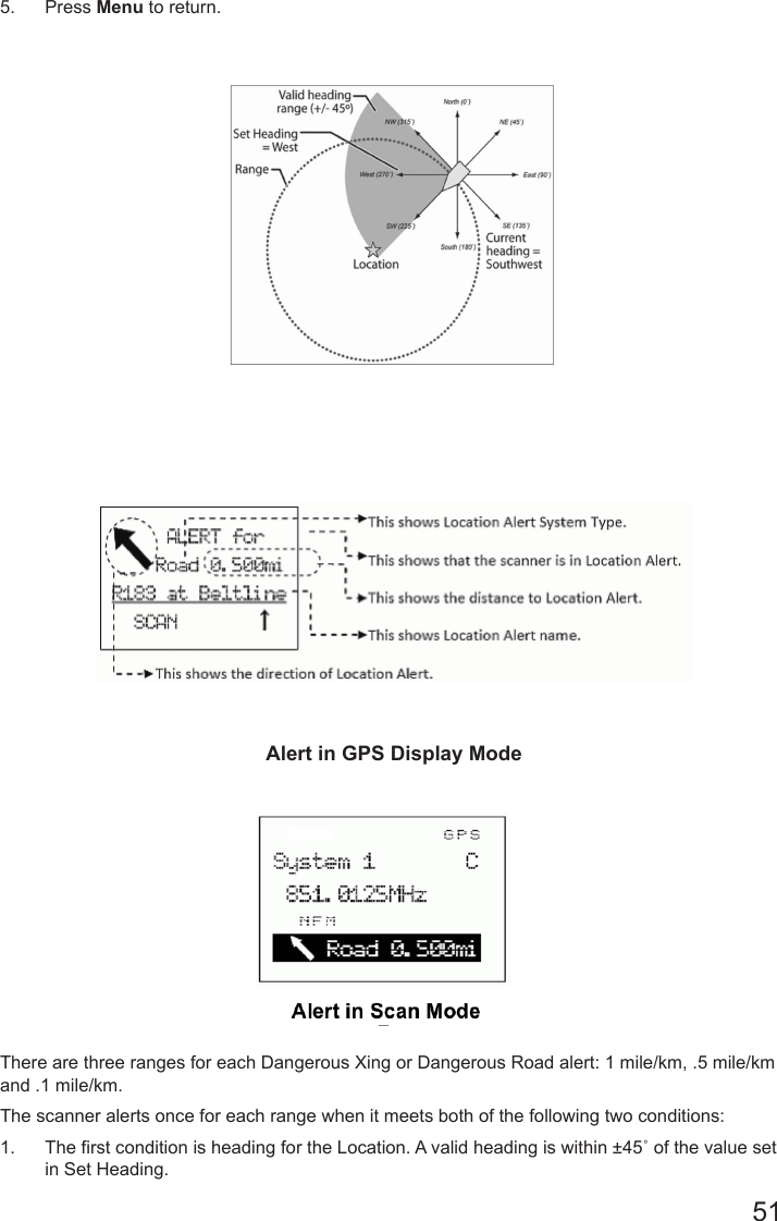 515.  Press Menu to return.  Alert in GPS Display ModeThere are three ranges for each Dangerous Xing or Dangerous Road alert: 1 mile/km, .5 mile/km and .1 mile/km.The scanner alerts once for each range when it meets both of the following two conditions:1.  The first condition is heading for the Location. A valid heading is within ±45˚ of the value set in Set Heading.