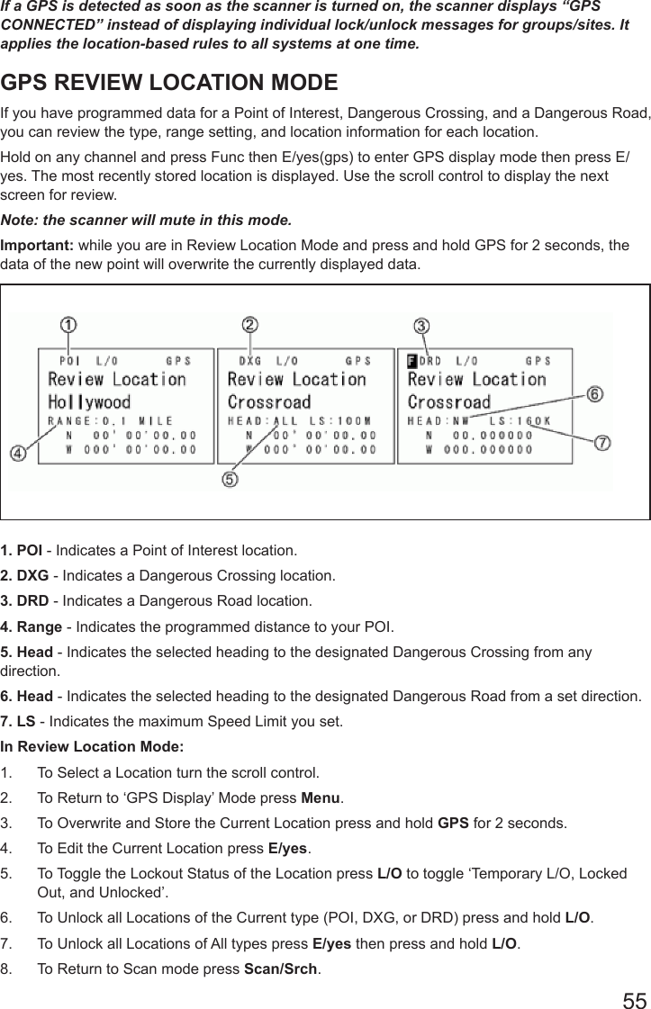 55If a GPS is detected as soon as the scanner is turned on, the scanner displays “GPS CONNECTED” instead of displaying individual lock/unlock messages for groups/sites. It applies the location-based rules to all systems at one time.GPS REVIEW LOCATION MODEIf you have programmed data for a Point of Interest, Dangerous Crossing, and a Dangerous Road, you can review the type, range setting, and location information for each location.Hold on any channel and press Func then E/yes(gps) to enter GPS display mode then press E/yes. The most recently stored location is displayed. Use the scroll control to display the next screen for review.Note: the scanner will mute in this mode.Important: while you are in Review Location Mode and press and hold GPS for 2 seconds, the data of the new point will overwrite the currently displayed data. 1. POI - Indicates a Point of Interest location.2. DXG - Indicates a Dangerous Crossing location.3. DRD - Indicates a Dangerous Road location.4. Range - Indicates the programmed distance to your POI.5. Head - Indicates the selected heading to the designated Dangerous Crossing from any direction.6. Head - Indicates the selected heading to the designated Dangerous Road from a set direction.7. LS - Indicates the maximum Speed Limit you set.In Review Location Mode:1.  To Select a Location turn the scroll control.2.  To Return to ‘GPS Display’ Mode press Menu.3.  To Overwrite and Store the Current Location press and hold GPS for 2 seconds.4.  To Edit the Current Location press E/yes.5.  To Toggle the Lockout Status of the Location press L/O to toggle ‘Temporary L/O, Locked Out, and Unlocked’.6.  To Unlock all Locations of the Current type (POI, DXG, or DRD) press and hold L/O. 7.  To Unlock all Locations of All types press E/yes then press and hold L/O. 8.  To Return to Scan mode press Scan/Srch.