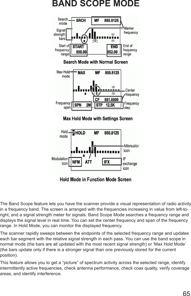 65BAND SCOPE MODEThe Band Scope feature lets you have the scanner provide a visual representation of radio activity in a frequency band. The screen is arranged with the frequencies increasing in value from left-to-right, and a signal strength meter for signals. Band Scope Mode searches a frequency range and displays the signal level in real time. You can set the center frequency and span of the frequency range. In Hold Mode, you can monitor the displayed frequency.The scanner rapidly sweeps between the endpoints of the selected frequency range and updates each bar segment with the relative signal strength in each pass. You can use the band scope in normal mode (the bars are all updated with the most recent signal strength) or ‘Max Hold Mode’ (the bars update only if there is a stronger signal than one previously stored for the current position).This feature allows you to get a “picture” of spectrum activity across the selected range, identify intermittently active frequencies, check antenna performance, check coax quality, verify coverage areas, and identify interference.