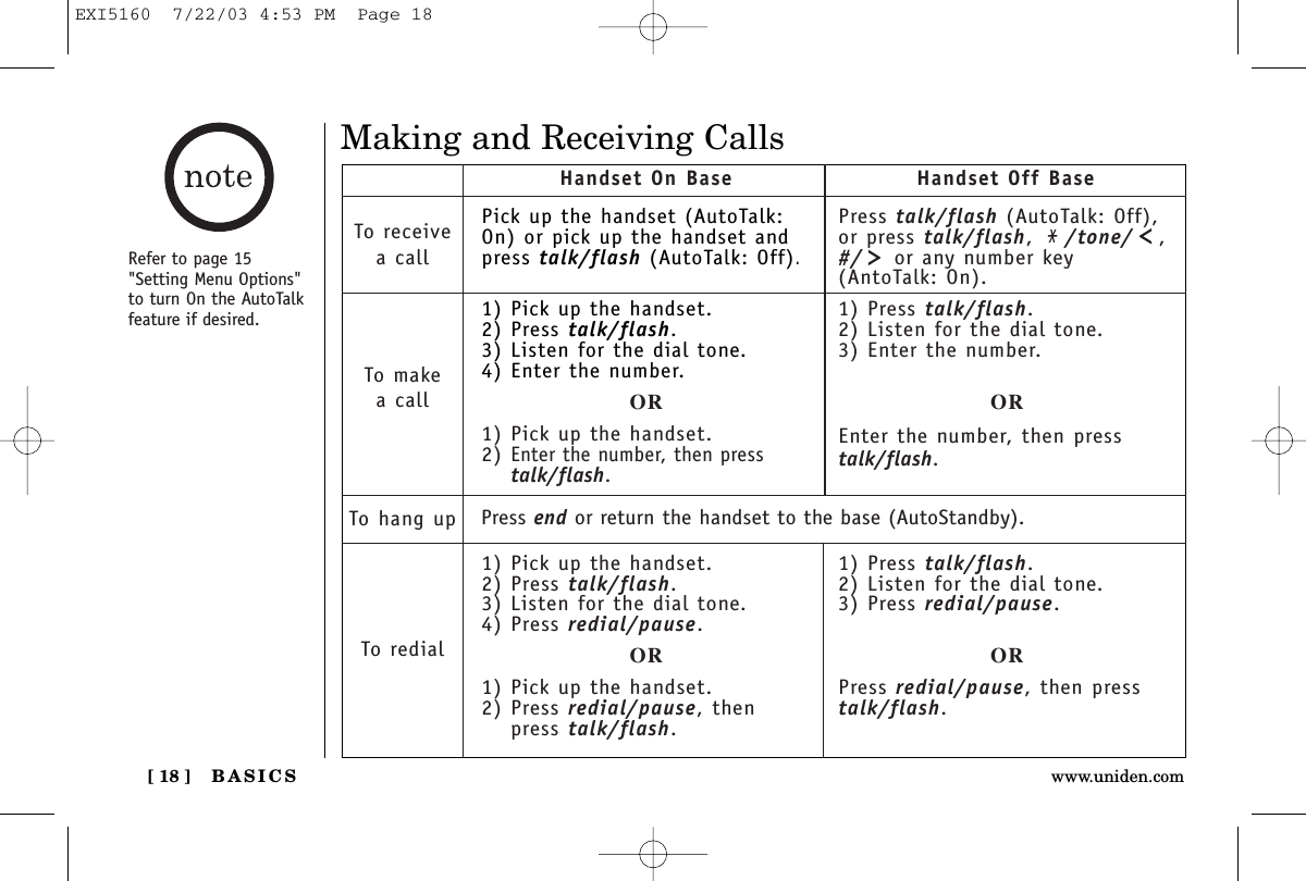 BASICS[ 18 ] www.uniden.comMaking and Receiving CallsPick up the handset (AutoTalk:On) or pick up the handset andpress talk/flash (AutoTalk: Off).1) Pick up the handset.2) Press talk/flash.3) Listen for the dial tone.4) Enter the number.OR1) Pick up the handset.2)Enter the number, then presstalk/flash.1) Pick up the handset.2) Press talk/flash.3) Listen for the dial tone.4) Press redial/pause.OR1) Pick up the handset.2) Press redial/pause, thenpress talk/flash.Handset On Base Handset Off BaseTo receivea callTo makea callTo hang upTo redialPress talk/flash (AutoTalk: Off),or press talk/flash,/tone/ ,#/ or any number key(AntoTalk: On).1) Press talk/flash.2) Listen for the dial tone.3) Enter the number.OREnter the number, then presstalk/flash.1) Press talk/flash.2) Listen for the dial tone.3) Press redial/pause.ORPress redial/pause, then presstalk/flash.Press end or return the handset to the base (AutoStandby).Refer to page 15&quot;Setting Menu Options&quot;to turn On the AutoTalkfeature if desired.EXI5160  7/22/03 4:53 PM  Page 18