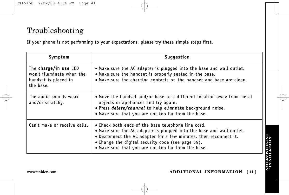 ADDITIONALINFORMATIONADDITIONAL INFORMATION [ 41 ]www.uniden.comTroubleshootingIf your phone is not performing to your expectations, please try these simple steps first.SymptomThe charge/in use LEDwon&apos;t illuminate when thehandset is placed in the base.The audio sounds weakand/or scratchy.Can&apos;t make or receive calls.Suggestion•Make sure the AC adapter is plugged into the base and wall outlet.•Make sure the handset is properly seated in the base.•Make sure the charging contacts on the handset and base are clean.•Move the handset and/or base to a different location away from metalobjects or appliances and try again.•Press delete/channel to help eliminate background noise.•Make sure that you are not too far from the base.•Check both ends of the base telephone line cord.•Make sure the AC adapter is plugged into the base and wall outlet.•Disconnect the AC adapter for a few minutes, then reconnect it.•Change the digital security code (see page 39).•Make sure that you are not too far from the base.EXI5160  7/22/03 4:54 PM  Page 41