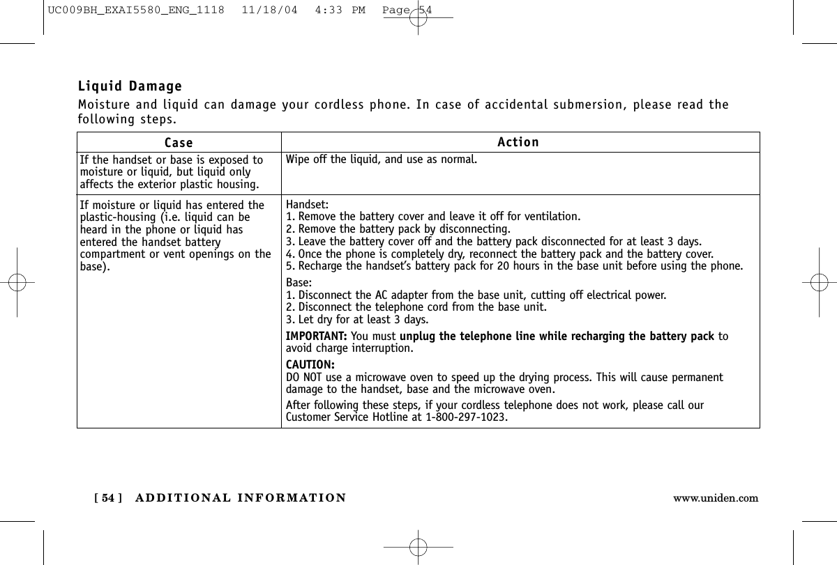 ADDITIONAL INFORMATION[ 54 ] www.uniden.comCaseIf the handset or base is exposed tomoisture or liquid, but liquid onlyaffects the exterior plastic housing.If moisture or liquid has entered theplastic-housing (i.e. liquid can beheard in the phone or liquid hasentered the handset batterycompartment or vent openings on thebase).ActionWipe off the liquid, and use as normal.Handset:1. Remove the battery cover and leave it off for ventilation.2. Remove the battery pack by disconnecting. 3. Leave the battery cover off and the battery pack disconnected for at least 3 days.4. Once the phone is completely dry, reconnect the battery pack and the battery cover. 5. Recharge the handset’s battery pack for 20 hours in the base unit before using the phone.Base:1. Disconnect the AC adapter from the base unit, cutting off electrical power.2. Disconnect the telephone cord from the base unit.3. Let dry for at least 3 days.IMPORTANT: You must unplug the telephone line while recharging the battery pack toavoid charge interruption.CAUTION:DO NOT use a microwave oven to speed up the drying process. This will cause permanentdamage to the handset, base and the microwave oven.After following these steps, if your cordless telephone does not work, please call ourCustomer Service Hotline at 1-800-297-1023.Liquid DamageMoisture and liquid can damage your cordless phone. In case of accidental submersion, please read thefollowing steps.UC009BH_EXAI5580_ENG_1118  11/18/04  4:33 PM  Page 54