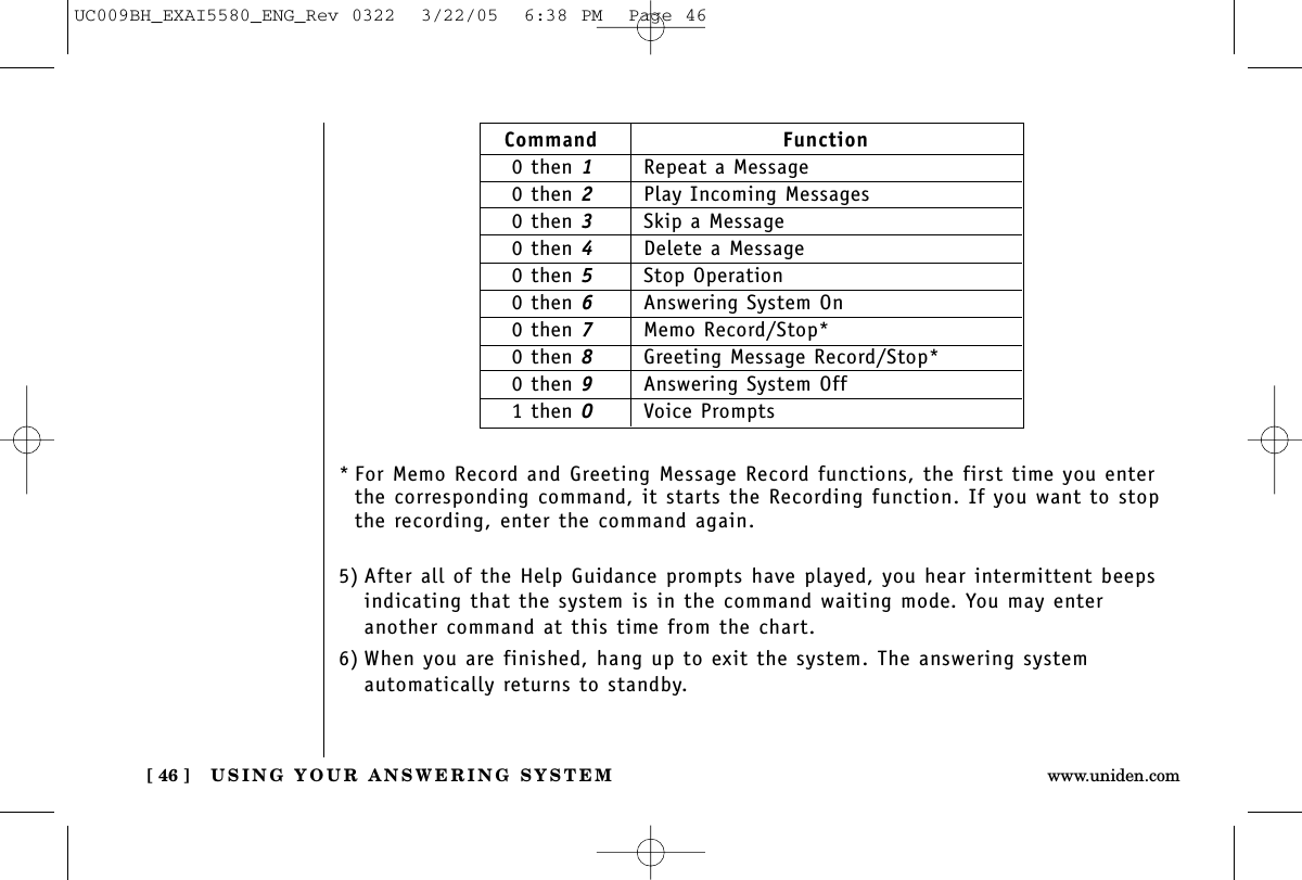 USING YOUR ANSWERING SYSTEM[ 46 ] www.uniden.comCommand Function0 then 1Repeat a Message0 then 2Play Incoming Messages0 then 3Skip a Message0 then 4Delete a Message0 then 5Stop Operation0 then 6Answering System On0 then 7Memo Record/Stop*0 then 8Greeting Message Record/Stop*0 then 9Answering System Off1 then 0Voice Prompts* For Memo Record and Greeting Message Record functions, the first time you enterthe corresponding command, it starts the Recording function. If you want to stopthe recording, enter the command again.5) After all of the Help Guidance prompts have played, you hear intermittent beepsindicating that the system is in the command waiting mode. You may enter another command at this time from the chart.6) When you are finished, hang up to exit the system. The answering system automatically returns to standby.UC009BH_EXAI5580_ENG_Rev 0322  3/22/05  6:38 PM  Page 46