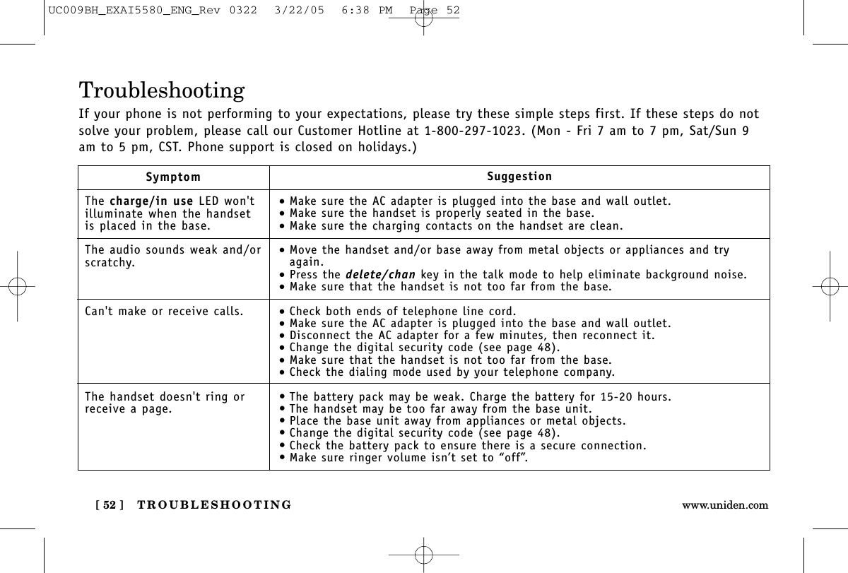 TROUBLESHOOTING[ 52 ] www.uniden.comTroubleshootingIf your phone is not performing to your expectations, please try these simple steps first. If these steps do notsolve your problem, please call our Customer Hotline at 1-800-297-1023. (Mon - Fri 7 am to 7 pm, Sat/Sun 9am to 5 pm, CST. Phone support is closed on holidays.)SymptomThe charge/in use LED won&apos;tilluminate when the handsetis placed in the base.The audio sounds weak and/orscratchy.Can&apos;t make or receive calls.The handset doesn&apos;t ring orreceive a page.Suggestion•Make sure the AC adapter is plugged into the base and wall outlet.•Make sure the handset is properly seated in the base.•Make sure the charging contacts on the handset are clean.•Move the handset and/or base away from metal objects or appliances and tryagain.•Press the delete/chan key in the talk mode to help eliminate background noise.•Make sure that the handset is not too far from the base.•Check both ends of telephone line cord.•Make sure the AC adapter is plugged into the base and wall outlet.•Disconnect the AC adapter for a few minutes, then reconnect it.•Change the digital security code (see page 48).•Make sure that the handset is not too far from the base.•Check the dialing mode used by your telephone company.•The battery pack may be weak. Charge the battery for 15-20 hours.•The handset may be too far away from the base unit.•Place the base unit away from appliances or metal objects.•Change the digital security code (see page 48).•Check the battery pack to ensure there is a secure connection.•Make sure ringer volume isn’t set to “off”.UC009BH_EXAI5580_ENG_Rev 0322  3/22/05  6:38 PM  Page 52