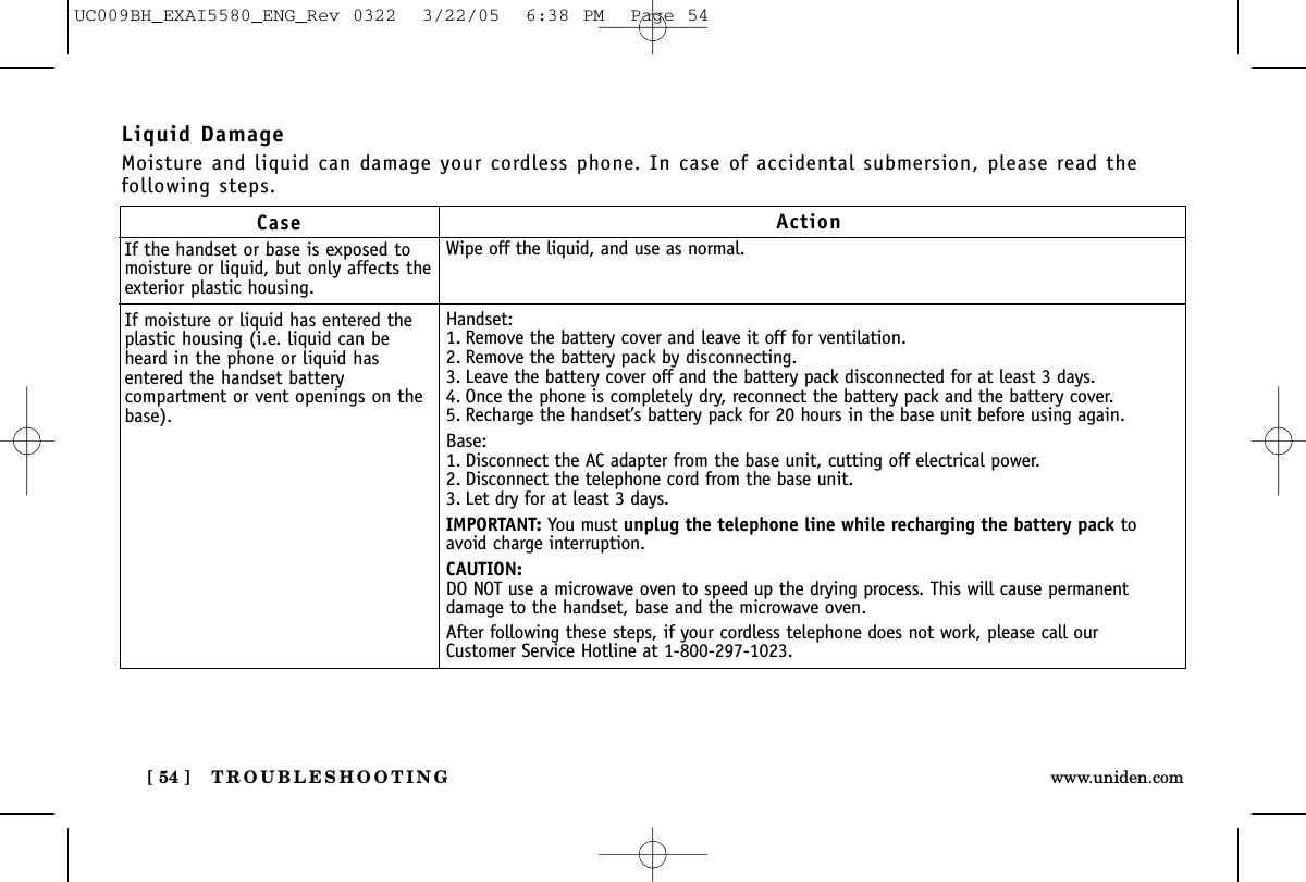 TROUBLESHOOTING[ 54 ] www.uniden.comCaseIf the handset or base is exposed tomoisture or liquid, but only affects theexterior plastic housing.If moisture or liquid has entered theplastic housing (i.e. liquid can beheard in the phone or liquid hasentered the handset batterycompartment or vent openings on thebase).ActionWipe off the liquid, and use as normal.Handset:1. Remove the battery cover and leave it off for ventilation.2. Remove the battery pack by disconnecting. 3. Leave the battery cover off and the battery pack disconnected for at least 3 days.4. Once the phone is completely dry, reconnect the battery pack and the battery cover. 5. Recharge the handset’s battery pack for 20 hours in the base unit before using again.Base:1. Disconnect the AC adapter from the base unit, cutting off electrical power.2. Disconnect the telephone cord from the base unit.3. Let dry for at least 3 days.IMPORTANT: You must unplug the telephone line while recharging the battery pack toavoid charge interruption.CAUTION:DO NOT use a microwave oven to speed up the drying process. This will cause permanentdamage to the handset, base and the microwave oven.After following these steps, if your cordless telephone does not work, please call ourCustomer Service Hotline at 1-800-297-1023.Liquid DamageMoisture and liquid can damage your cordless phone. In case of accidental submersion, please read thefollowing steps.UC009BH_EXAI5580_ENG_Rev 0322  3/22/05  6:38 PM  Page 54