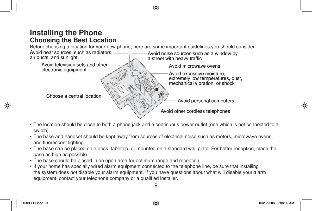 9Installing the PhoneChoosing the Best LocationBefore choosing a location for your new phone, here are some important guidelines you should consider:• The location should be close to both a phone jack and a continuous power outlet (one which is not connected to a switch).• The base and handset should be kept away from sources of electrical noise such as motors, microwave ovens, and ﬂ uorescent lighting.• The base can be placed on a desk, tabletop, or mounted on a standard wall plate. For better reception, place the base as high as possible.• The base should be placed in an open area for optimum range and reception.• If your home has specially wired alarm equipment connected to the telephone line, be sure that installing the system does not disable your alarm equipment. If you have questions about what will disable your alarm equipment, contact your telephone company or a qualiﬁ ed installer.Avoid television sets and otherelectronic equipmentChoose a central locationAvoid noise sources such as a window bya street with heavy trafﬁ cAvoid microwave ovensAvoid excessive moisture,extremely low temperatures, dust,mechanical vibration, or shockAvoid other cordless telephonesAvoid heat sources, such as radiators,air ducts, and sunlightAvoid personal computersAvoid television sets and otherelectronic equipmentChoose a central locationAvoid noise sources such as a window bya street with heavy trafﬁ cAvoid microwave ovensAvoid excessive moisture,extremely low temperatures, dust,mechanical vibration, or shockAvoid other cordless telephonesAvoid heat sources, such as radiators,air ducts, and sunlightAvoid personal computersUC033BH.indd 9UC033BH.indd   910/25/2006 9:06:39 AM10/25/2006   9:06:39 AM