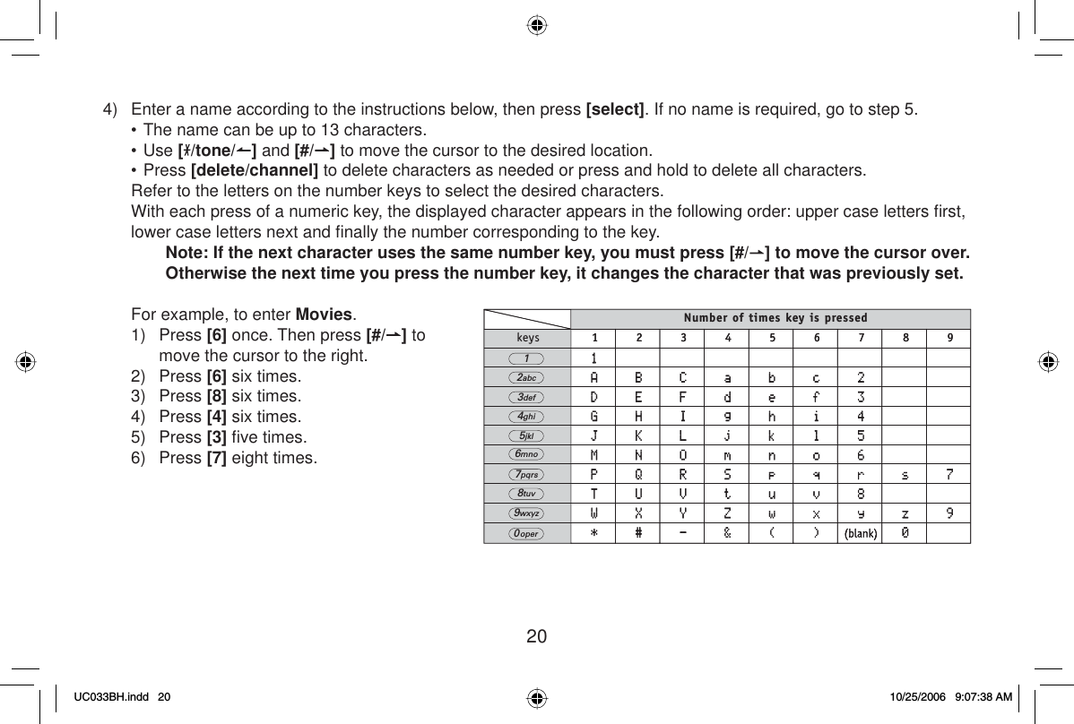 204)  Enter a name according to the instructions below, then press [select]. If no name is required, go to step 5.• The name can be up to 13 characters.• Use [/tone/ ] and [#/ ] to move the cursor to the desired location.• Press [delete/channel] to delete characters as needed or press and hold to delete all characters.  Refer to the letters on the number keys to select the desired characters.  With each press of a numeric key, the displayed character appears in the following order: upper case letters ﬁ rst, lower case letters next and ﬁ nally the number corresponding to the key.Note: If the next character uses the same number key, you must press [#/ ] to move the cursor over. Otherwise the next time you press the number key, it changes the character that was previously set.  For example, to enter Movies.1) Press [6] once. Then press [#/ ] to move the cursor to the right.2) Press [6] six times.3) Press [8] six times.4) Press [4] six times.5) Press [3] ﬁ ve times.6) Press [7] eight times.Number of times key is pressedkeys 1 2 3 4 5 6 7 8 92abc3def4ghi5jkl6mno7pqrs8tuv9wxyz01operNumber of times key is pressedkeys 1 2 3 4 5 6 7 8 92abc3def4ghi5jkl6mno7pqrs8tuv9wxyz01operUC033BH.indd 20UC033BH.indd   2010/25/2006 9:07:38 AM10/25/2006   9:07:38 AM