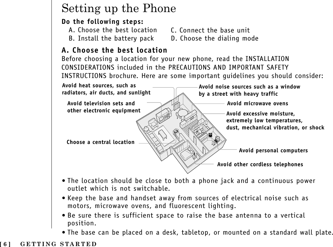 GETTING STARTED[ 6 ]Do the following steps:A. Choose the best locationB. Install the battery packA. Choose the best locationBefore choosing a location for your new phone, read the INSTALLATIONCONSIDERATIONS included in the PRECAUTIONS AND IMPORTANT SAFETYINSTRUCTIONS brochure. Here are some important guidelines you should consider:Avoid excessive moisture, extremely low temperatures, dust, mechanical vibration, or shockSetting up the PhoneAvoid heat sources, such asradiators, air ducts, and sunlightAvoid television sets andother electronic equipmentAvoid noise sources such as a windowby a street with heavy trafficAvoid microwave ovensAvoid personal computersAvoid other cordless telephonesChoose a central locationC. Connect the base unitD. Choose the dialing mode•The location should be close to both a phone jack and a continuous poweroutlet which is not switchable.•Keep the base and handset away from sources of electrical noise such asmotors, microwave ovens, and fluorescent lighting.•Be sure there is sufficient space to raise the base antenna to a verticalposition.•The base can be placed on a desk, tabletop, or mounted on a standard wall plate.