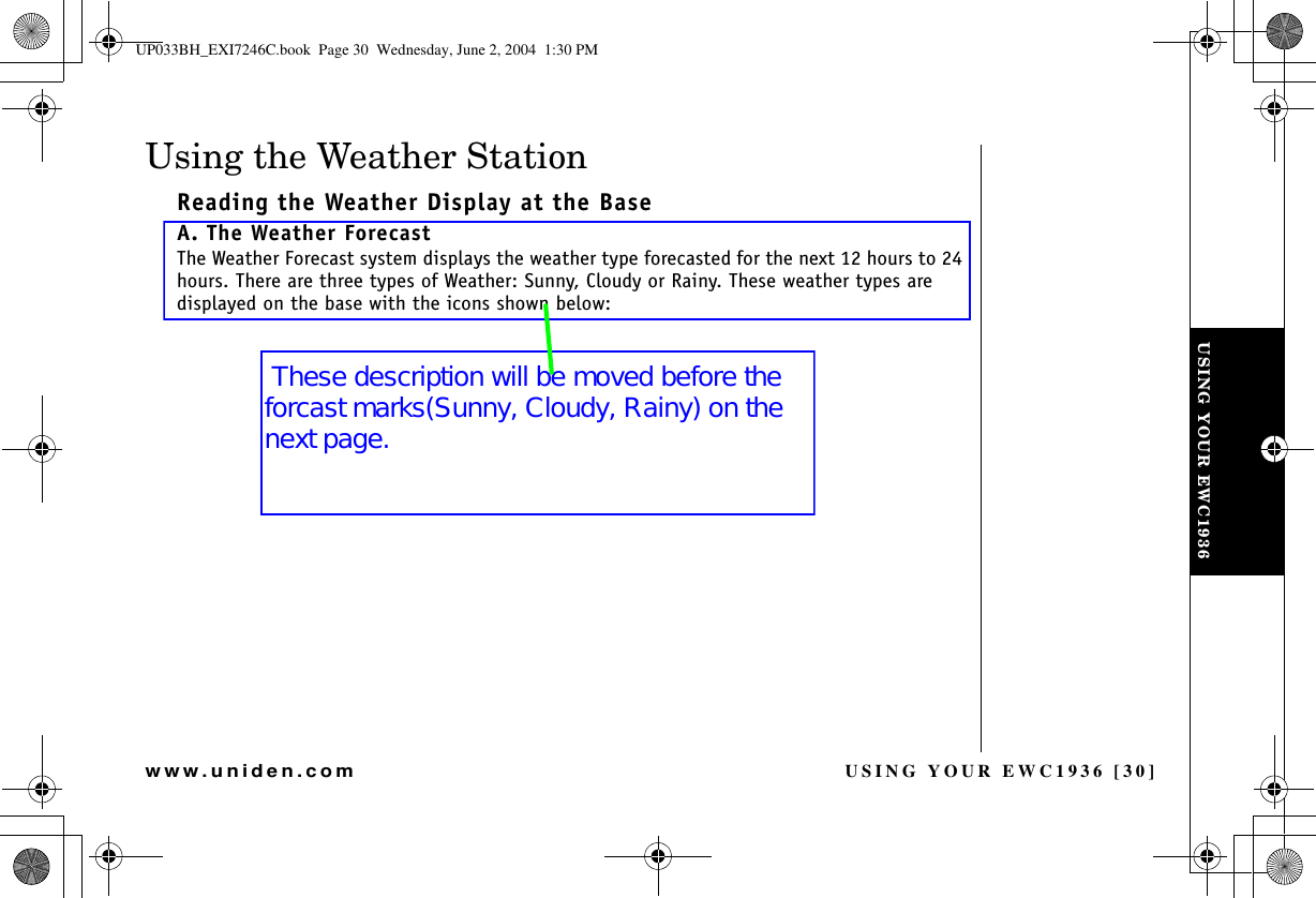 USING YOUR EWC1936 [30]www.uniden.comUsing the Weather StationReading the Weather Display at the BaseA. The Weather ForecastThe Weather Forecast system displays the weather type forecasted for the next 12 hours to 24 hours. There are three types of Weather: Sunny, Cloudy or Rainy. These weather types are displayed on the base with the icons shown below:USING YOUR EWC1936UP033BH_EXI7246C.book  Page 30  Wednesday, June 2, 2004  1:30 PM These description will be moved before the  forcast marks(Sunny, Cloudy, Rainy) on the  next page. 