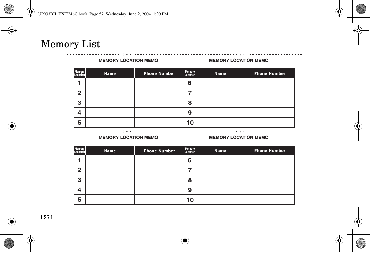 [57] C U T C U TC U T C U TMEMORY LOCATION MEMOPhone NumberNameMemoryLocation1*2345MEMORY LOCATION MEMOPhone NumberNameMemoryLocation678910MEMORY LOCATION MEMOPhone NumberNameMemoryLocation1*2345678910MEMORY LOCATION MEMOPhone NumberNameMemoryLocationMemory ListUP033BH_EXI7246C.book  Page 57  Wednesday, June 2, 2004  1:30 PM