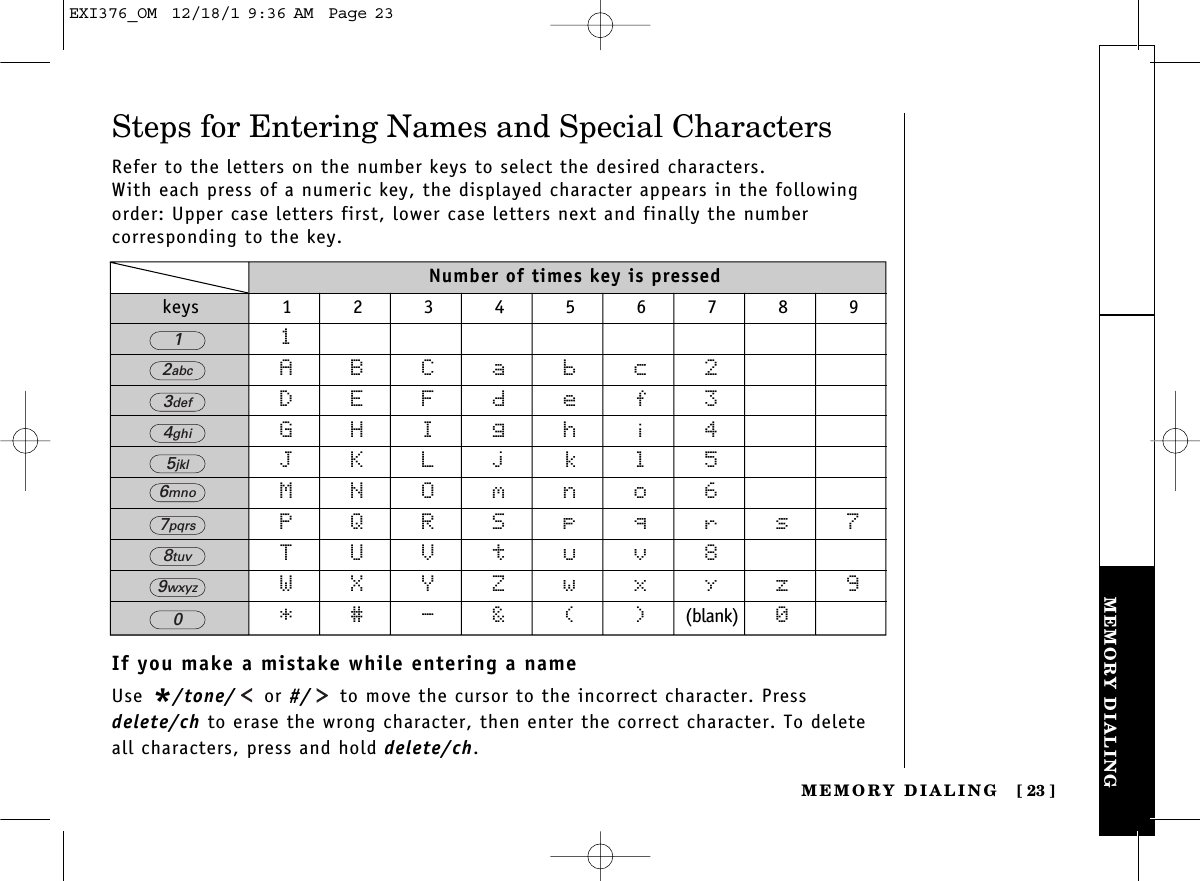 MEMORY DIALINGMEMORY DIALING [ 23]Steps for Entering Names and Special CharactersRefer to the letters on the number keys to select the desired characters.With each press of a numeric key, the displayed character appears in the followingorder: Upper case letters first, lower case letters next and finally the number corresponding to the key.If you make a mistake while entering a nameUse */tone/ or #/ to move the cursor to the incorrect character. Pressdelete/ch to erase the wrong character, then enter the correct character. To deleteall characters, press and hold delete/ch.Number of times key is pressedkeys 1 2 3 4 5 6 7 8 91ABCabc2DEFdef3GHIghi4JKLjkl5MNOmno6PQRSpqrs7TUVtuv8WXYZwxyz9*#-&amp;()(blank) 02abc3def4ghi5jkl6mno7pqrs8tuv9wxyz01EXI376_OM  12/18/1 9:36 AM  Page 23