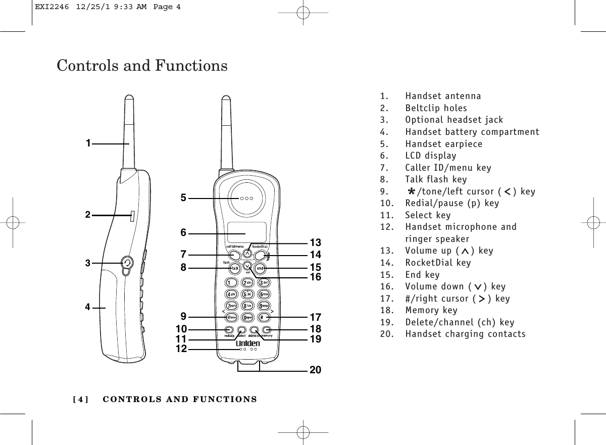 CONTROLS AND FUNCTIONS[ 4 ]23415768911201615141310121918171. Handset antenna2. Beltclip holes3. Optional headset jack4. Handset battery compartment5. Handset earpiece6. LCD display7. Caller ID/menu key8. Talk flash key9. */tone/left cursor ( ) key10. Redial/pause (p) key11. Select key12. Handset microphone and ringer speaker13. Volume up ( ) key14. RocketDial key15. End key16. Volume down ( ) key17. #/right cursor ( ) key18. Memory key19. Delete/channel (ch) key20. Handset charging contactsControls and FunctionsEXI2246  12/25/1 9:33 AM  Page 4