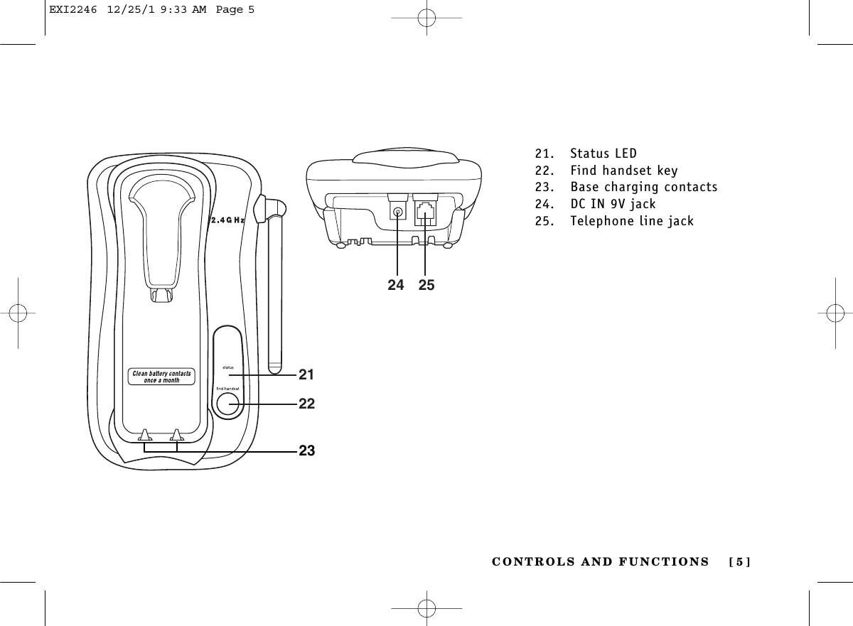 212224 252321. Status LED22. Find handset key23. Base charging contacts24. DC IN 9V jack25. Telephone line jackCONTROLS AND FUNCTIONS [ 5]EXI2246  12/25/1 9:33 AM  Page 5