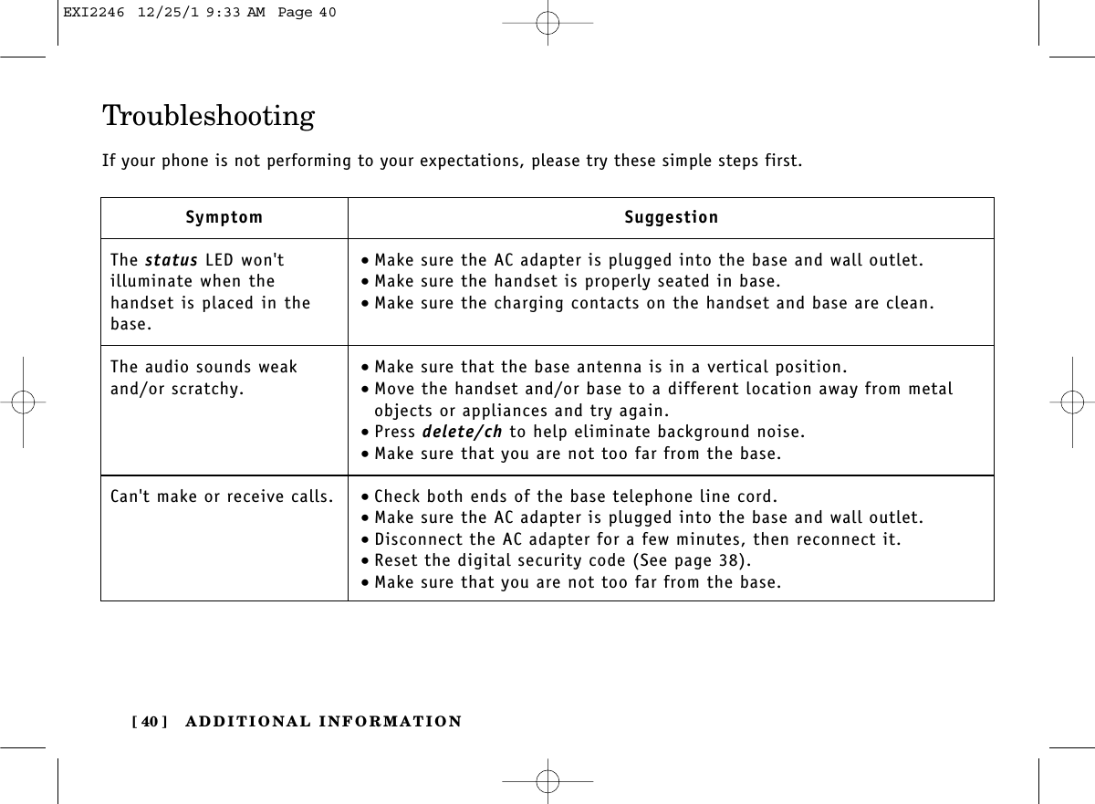 ADDITIONAL INFORMATION[ 40 ]TroubleshootingIf your phone is not performing to your expectations, please try these simple steps first.SymptomThe status LED won&apos;tilluminate when thehandset is placed in thebase.The audio sounds weakand/or scratchy.Can&apos;t make or receive calls.Suggestion•Make sure the AC adapter is plugged into the base and wall outlet.•Make sure the handset is properly seated in base.•Make sure the charging contacts on the handset and base are clean.•Make sure that the base antenna is in a vertical position.•Move the handset and/or base to a different location away from metalobjects or appliances and try again.•Press delete/ch to help eliminate background noise.•Make sure that you are not too far from the base.•Check both ends of the base telephone line cord.•Make sure the AC adapter is plugged into the base and wall outlet.•Disconnect the AC adapter for a few minutes, then reconnect it.•Reset the digital security code (See page 38).•Make sure that you are not too far from the base.EXI2246  12/25/1 9:33 AM  Page 40