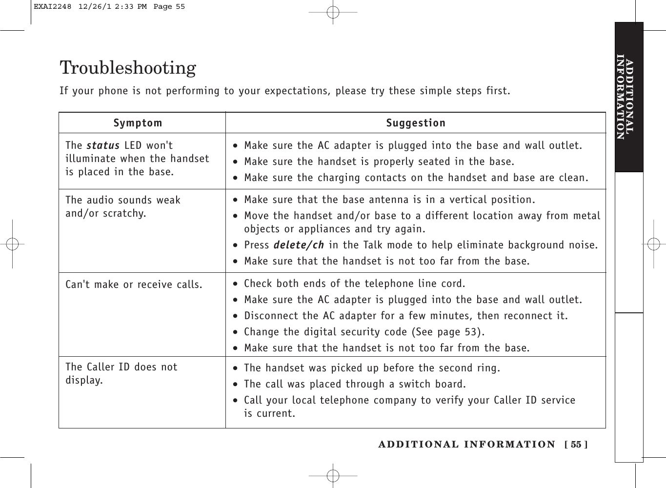 [ 55 ]ADDITIONAL INFORMATIONADDITIONALINFORMATIONTroubleshootingIf your phone is not performing to your expectations, please try these simple steps first.SymptomThe status LED won&apos;tilluminate when the handsetis placed in the base.The audio sounds weakand/or scratchy.Can&apos;t make or receive calls.The Caller ID does notdisplay.Suggestion•Make sure the AC adapter is plugged into the base and wall outlet.•Make sure the handset is properly seated in the base.•Make sure the charging contacts on the handset and base are clean.•Make sure that the base antenna is in a vertical position.•Move the handset and/or base to a different location away from metalobjects or appliances and try again.•Press delete/ch in the Talk mode to help eliminate background noise.•Make sure that the handset is not too far from the base.•Check both ends of the telephone line cord.•Make sure the AC adapter is plugged into the base and wall outlet.•Disconnect the AC adapter for a few minutes, then reconnect it.•Change the digital security code (See page 53).•Make sure that the handset is not too far from the base.•The handset was picked up before the second ring.•The call was placed through a switch board.•Call your local telephone company to verify your Caller ID service is current.EXAI2248  12/26/1 2:33 PM  Page 55