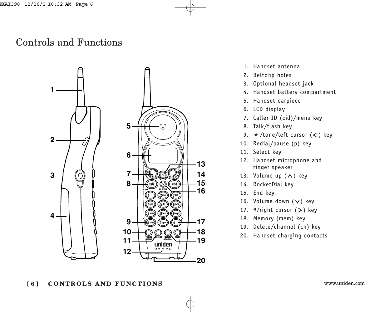 www.uniden.comCONTROLS AND FUNCTIONS[ 6 ]Controls and Functionsredialpause select memdeletechannel12345678910111220191817161514131. Handset antenna2. Beltclip holes3. Optional headset jack4. Handset battery compartment5. Handset earpiece6. LCD display7. Caller ID (cid)/menu key8. Talk/flash key9. */tone/left cursor ( ) key10. Redial/pause (p) key11. Select key12. Handset microphone and ringer speaker13. Volume up ( ) key14. RocketDial key15. End key16. Volume down ( ) key17. #/right cursor ( ) key18. Memory (mem) key19. Delete/channel (ch) key20. Handset charging contactsEXAI398  12/26/2 10:32 AM  Page 6