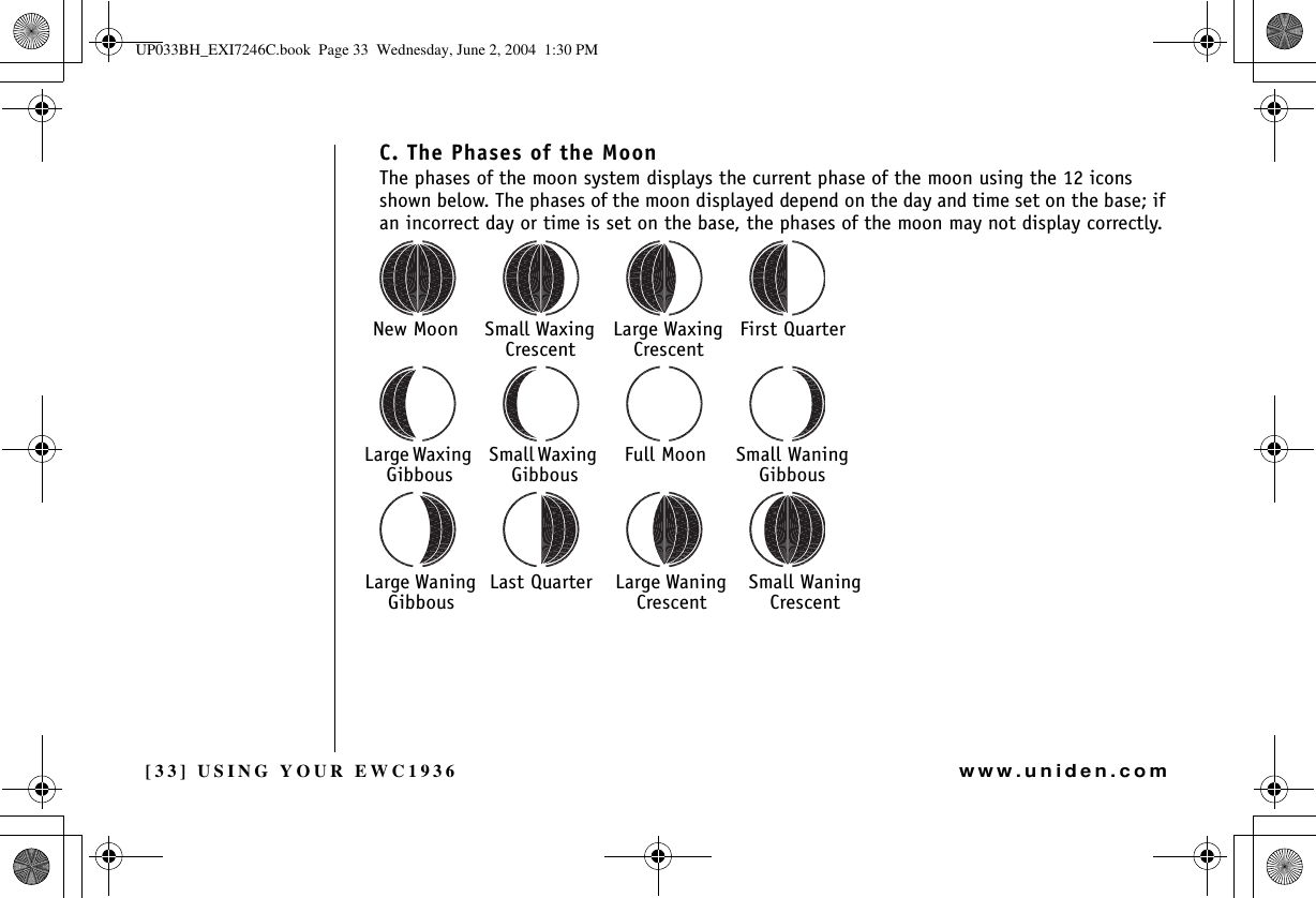 [33] USING YOUR EWC1936www.uniden.comC. The Phases of the MoonThe phases of the moon system displays the current phase of the moon using the 12 icons shown below. The phases of the moon displayed depend on the day and time set on the base; if an incorrect day or time is set on the base, the phases of the moon may not display correctly.New Moon Small Waxing CrescentLarge Waxing CrescentFirst QuarterLarge Waxing GibbousSmall Waxing GibbousFull Moon Small Waning GibbousLarge Waning GibbousLast Quarter Large Waning CrescentSmall Waning CrescentUSING YOUR EWC1936UP033BH_EXI7246C.book  Page 33  Wednesday, June 2, 2004  1:30 PM