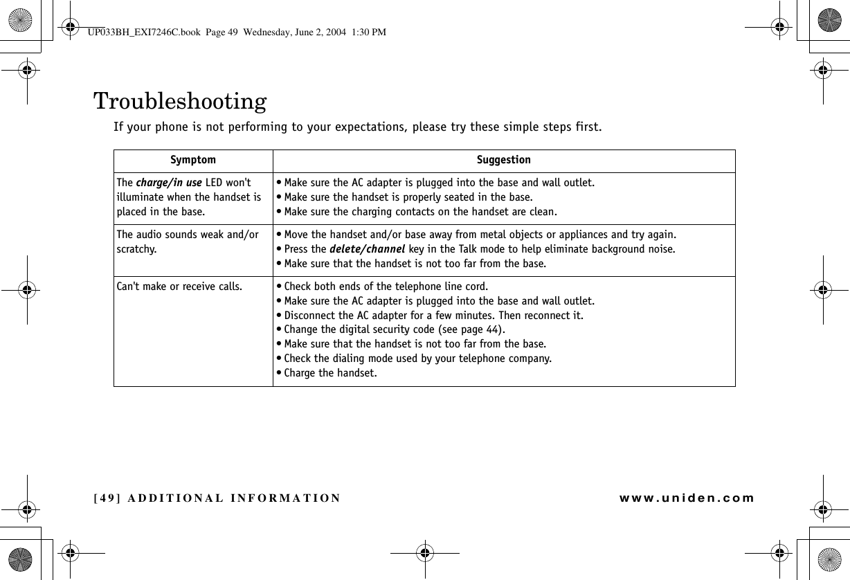 [49] ADDITIONAL INFORMATIONwww.uniden.comTroubleshootingIf your phone is not performing to your expectations, please try these simple steps first.Symptom SuggestionThe charge/in use LED won&apos;t illuminate when the handset is placed in the base.• Make sure the AC adapter is plugged into the base and wall outlet.• Make sure the handset is properly seated in the base.• Make sure the charging contacts on the handset are clean.The audio sounds weak and/or scratchy.• Move the handset and/or base away from metal objects or appliances and try again.•Press the delete/channel key in the Talk mode to help eliminate background noise.• Make sure that the handset is not too far from the base.Can&apos;t make or receive calls. • Check both ends of the telephone line cord.• Make sure the AC adapter is plugged into the base and wall outlet.• Disconnect the AC adapter for a few minutes. Then reconnect it.• Change the digital security code (see page 44).• Make sure that the handset is not too far from the base.• Check the dialing mode used by your telephone company.• Charge the handset.ADDITIONALINFORMATIONUP033BH_EXI7246C.book  Page 49  Wednesday, June 2, 2004  1:30 PM