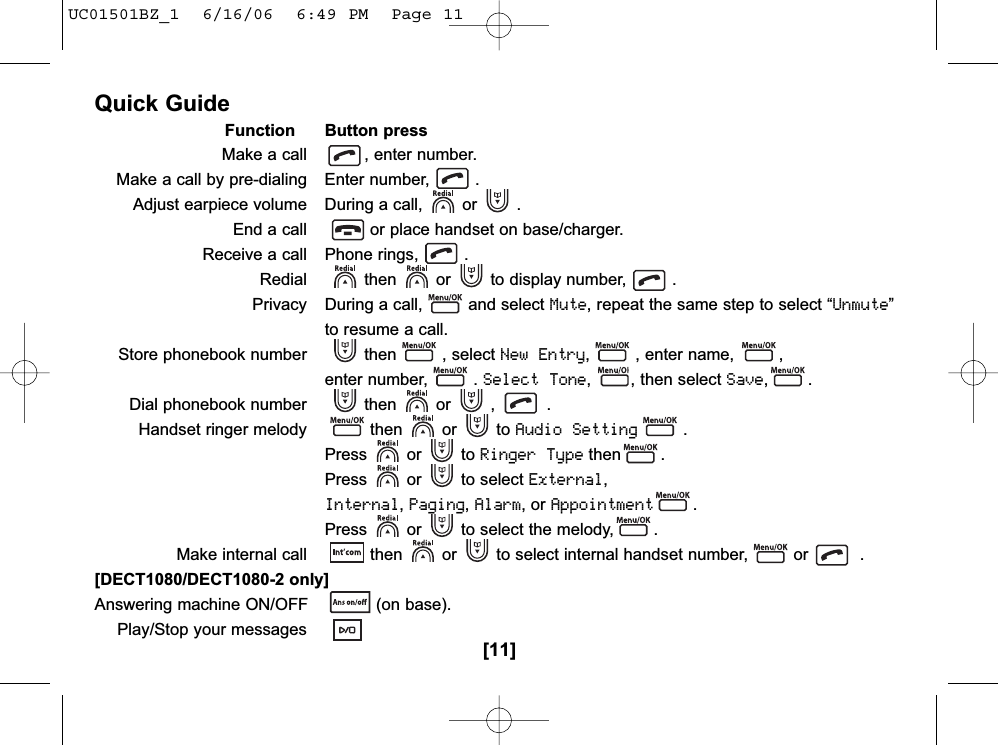 [11]Quick GuideFunction Button pressMake a call  , enter number.Make a call by pre-dialing  Enter number, .Adjust earpiece volume  During a call, or .End a call  or place handset on base/charger.Receive a call  Phone rings, .Redial  then or to display number, .Privacy  During a call, and select Mute, repeat the same step to select “Unmute”to resume a call.Store phonebook number  then , select New Entry, , enter name,  ,enter number, . Select Tone, , then select Save,.Dial phonebook number  then or , .Handset ringer melody  then or to Audio Setting.Press or to Ringer Typethen .Press or to select External,Internal,Paging,Alarm, or Appointment.Press or to select the melody, .Make internal call then or to select internal handset number, or .[DECT1080/DECT1080-2 only]Answering machine ON/OFF (on base).Play/Stop your messagesUC01501BZ_1  6/16/06  6:49 PM  Page 11