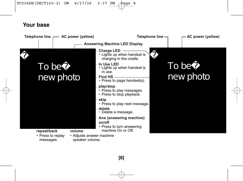 AC power (yellow)Answering Machine LED DisplayTelephone line AC power (yellow)Telephone lineCharge LEDFind HS•  Press to page handset(s).skip•  Press to play next message.repeat/back•  Press to replay messages.delete•  Delete a message.Ans (answering machine)on/off•  Press to turn answeringmachine On or Off.volume•  Adjusts answer machine speaker volume.play/stop•  Press to play messages.•  Press to stop playback.•  Lights up when handset is charging in the cradle.In Use LED•  Lights up when handset isin use.Your base[8]for DECT180/DECT180-2 for DECT160/DECT160-2UC504DH(DECT160-2) OM  8/17/06  3:37 PM  Page 8  To be  new photo  To be  new photo