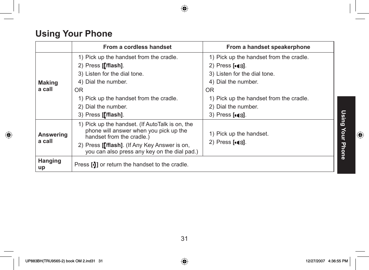 31Using Your PhoneUsing Your PhoneFrom a cordless handset From a handset speakerphone Makinga callPick up the handset from the cradle.Press [/ﬂ ash].Listen for the dial tone.Dial the number.ORPick up the handset from the cradle.Dial the number.Press [/ﬂ ash].1)2)3)4)1)2)3)Pick up the handset from the cradle.Press [].Listen for the dial tone.Dial the number.ORPick up the handset from the cradle.Dial the number. Press [].1)2)3)4)1)2)3) Answeringa callPick up the handset. (If AutoTalk is on, the phone will answer when you pick up the handset from the cradle.)Press [/ﬂ ash]. (If Any Key Answer is on, you can also press any key on the dial pad.)1)2)Pick up the handset. Press [].1)2)Hanging up  Press [] or return the handset to the cradle.UP883BH(TRU9565-2) book OM 2.ind31   31UP883BH(TRU9565-2) book OM 2.ind31   31 12/27/2007   4:36:55 PM12/27/2007   4:36:55 PM