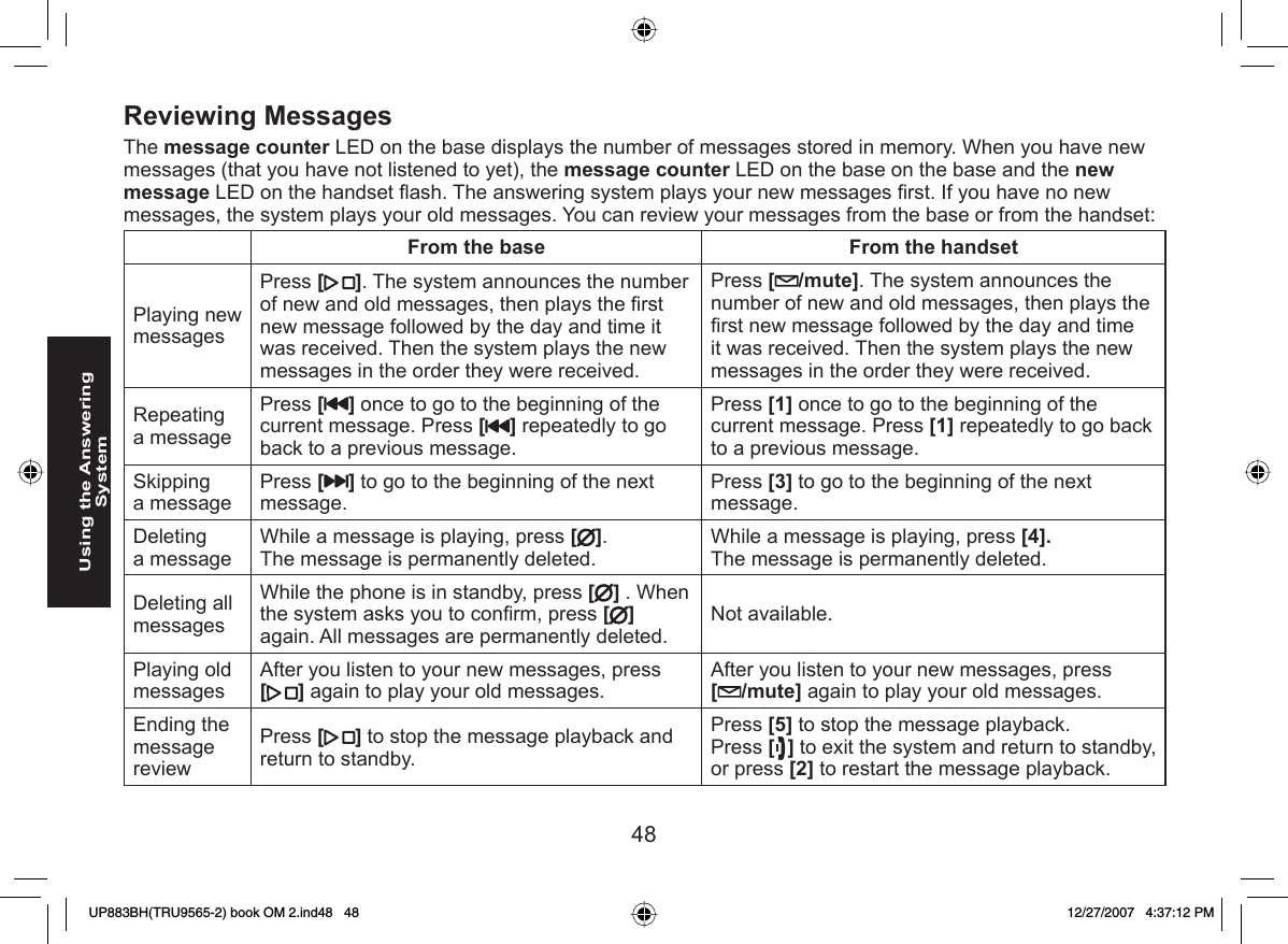 48Using the Answering System Reviewing MessagesThe message counter LED on the base displays the number of messages stored in memory. When you have new messages (that you have not listened to yet), the message counter LED on the base on the base and the new message LED on the handset ﬂ ash. The answering system plays your new messages ﬁ rst. If you have no new messages, the system plays your old messages. You can review your messages from the base or from the handset:From the base From the handsetPlaying new messagesPress []. The system announces the number of new and old messages, then plays the ﬁ rst new message followed by the day and time it was received. Then the system plays the new messages in the order they were received.Press [/mute]. The system announces the number of new and old messages, then plays the ﬁ rst new message followed by the day and time it was received. Then the system plays the new messages in the order they were received. Repeatinga messagePress [ ] once to go to the beginning of the current message. Press [] repeatedly to go back to a previous message. Press [1] once to go to the beginning of the current message. Press [1] repeatedly to go back to a previous message.Skippinga messagePress [] to go to the beginning of the next message. Press [3] to go to the beginning of the next message.Deletinga messageWhile a message is playing, press []. The message is permanently deleted. While a message is playing, press [4].The message is permanently deleted. Deleting all messagesWhile the phone is in standby, press [] . When the system asks you to conﬁ rm, press [] again. All messages are permanently deleted.Not available.Playing old messagesAfter you listen to your new messages, press [] again to play your old messages.After you listen to your new messages, press [ /mute] again to play your old messages.Ending the message reviewPress [ ] to stop the message playback and return to standby. Press [5] to stop the message playback.Press [] to exit the system and return to standby, or press [2] to restart the message playback.UP883BH(TRU9565-2) book OM 2.ind48   48UP883BH(TRU9565-2) book OM 2.ind48   48 12/27/2007   4:37:12 PM12/27/2007   4:37:12 PM