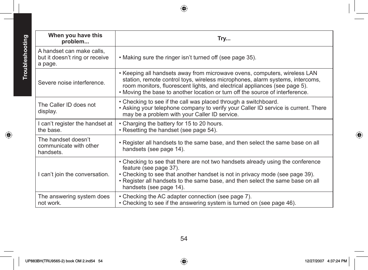 54TroubleshootingWhen you have this problem... Try...A handset can make calls, but it doesn’t ring or receive a page.Making sure the ringer isn’t turned off (see page 35).•Severe noise interference.Keeping all handsets away from microwave ovens, computers, wireless LAN station, remote control toys, wireless microphones, alarm systems, intercoms, room monitors, ﬂ uorescent lights, and electrical appliances (see page 5).Moving the base to another location or turn off the source of interference.••The Caller ID does not display. Checking to see if the call was placed through a switchboard.Asking your telephone company to verify your Caller ID service is current. There may be a problem with your Caller ID service.••I can’t register the handset at the base.Charging the battery for 15 to 20 hours.Resetting the handset (see page 54).••The handset doesn’t communicate with other handsets. Register all handsets to the same base, and then select the same base on all handsets (see page 14).•I can’t join the conversation.Checking to see that there are not two handsets already using the conference feature (see page 37).Checking to see that another handset is not in privacy mode (see page 39).Register all handsets to the same base, and then select the same base on all handsets (see page 14).•••The answering system does not work.Checking the AC adapter connection (see page 7). Checking to see if the answering system is turned on (see page 46).••UP883BH(TRU9565-2) book OM 2.ind54   54UP883BH(TRU9565-2) book OM 2.ind54   54 12/27/2007   4:37:24 PM12/27/2007   4:37:24 PM