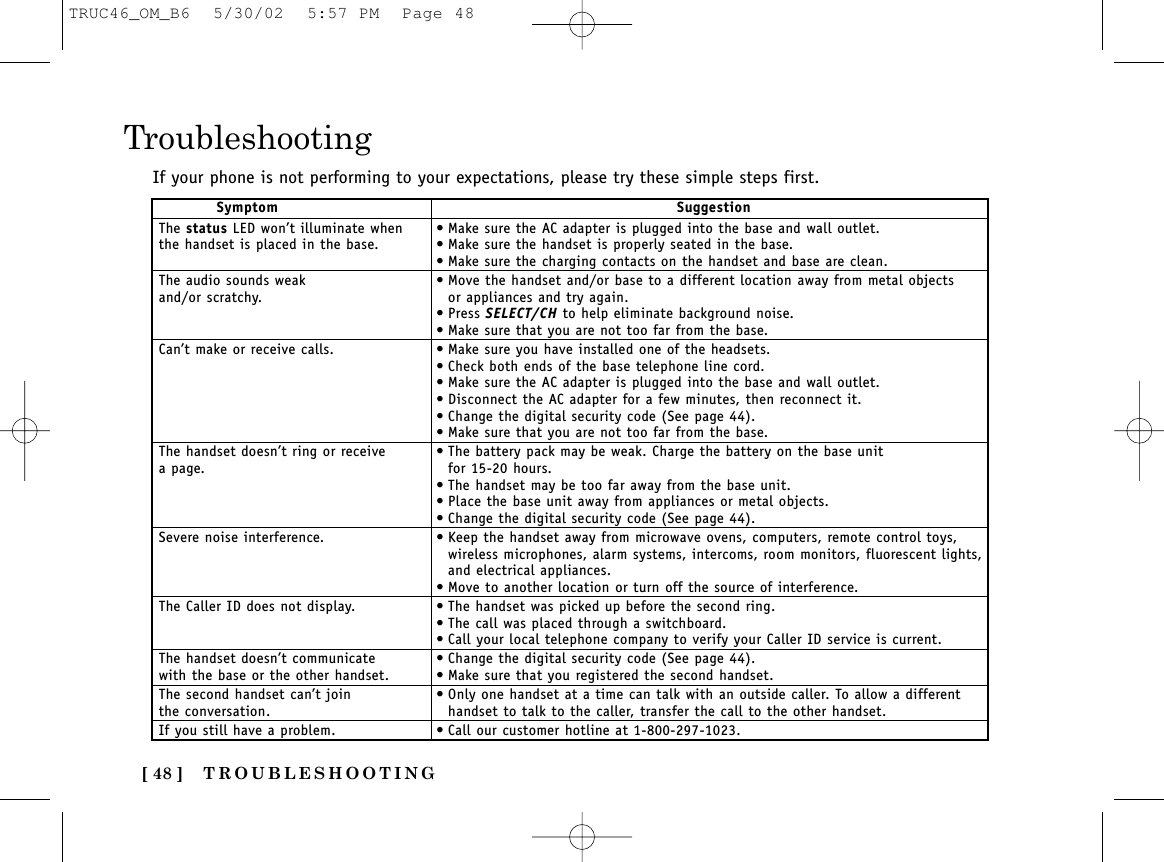 TROUBLESHOOTING[ 48 ]TroubleshootingIf your phone is not performing to your expectations, please try these simple steps first.Symptom SuggestionThe status LED won’t illuminate when  • Make sure the AC adapter is plugged into the base and wall outlet.the handset is placed in the base. • Make sure the handset is properly seated in the base.• Make sure the charging contacts on the handset and base are clean.The audio sounds weak  • Move the handset and/or base to a different location away from metal objects and/or scratchy. or appliances and try again.• Press SELECT/CH to help eliminate background noise.• Make sure that you are not too far from the base.Can’t make or receive calls. • Make sure you have installed one of the headsets.• Check both ends of the base telephone line cord.• Make sure the AC adapter is plugged into the base and wall outlet.• Disconnect the AC adapter for a few minutes, then reconnect it.• Change the digital security code (See page 44).• Make sure that you are not too far from the base.The handset doesn’t ring or receive • The battery pack may be weak. Charge the battery on the base unit a page. for 15-20 hours.• The handset may be too far away from the base unit.• Place the base unit away from appliances or metal objects.• Change the digital security code (See page 44).Severe noise interference. • Keep the handset away from microwave ovens, computers, remote control toys,wireless microphones, alarm systems, intercoms, room monitors, fluorescent lights, and electrical appliances.• Move to another location or turn off the source of interference.The Caller ID does not display. • The handset was picked up before the second ring.• The call was placed through a switchboard.• Call your local telephone company to verify your Caller ID service is current.The handset doesn’t communicate  • Change the digital security code (See page 44).with the base or the other handset. • Make sure that you registered the second handset.The second handset can’t join  • Only one handset at a time can talk with an outside caller. To allow a different the conversation. handset to talk to the caller, transfer the call to the other handset.If you still have a problem. • Call our customer hotline at 1-800-297-1023.TRUC46_OM_B6  5/30/02  5:57 PM  Page 48