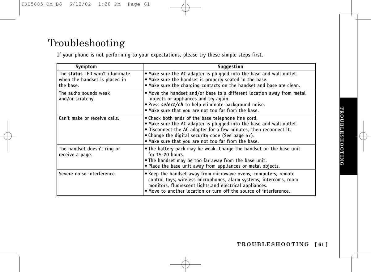 TROUBLESHOOTING ADDITIONALINFORMATIONTROUBLESHOOTING [ 61 ]TroubleshootingIf your phone is not performing to your expectations, please try these simple steps first.Symptom SuggestionThe status LED won’t illuminate • Make sure the AC adapter is plugged into the base and wall outlet.when the handset is placed in  • Make sure the handset is properly seated in the base.the base. • Make sure the charging contacts on the handset and base are clean.The audio sounds weak  • Move the handset and/or base to a different location away from metaland/or scratchy. objects or appliances and try again.• Press select/ch to help eliminate background noise.• Make sure that you are not too far from the base.Can’t make or receive calls. • Check both ends of the base telephone line cord.• Make sure the AC adapter is plugged into the base and wall outlet.• Disconnect the AC adapter for a few minutes, then reconnect it.• Change the digital security code (See page 57).• Make sure that you are not too far from the base.The handset doesn’t ring or  • The battery pack may be weak. Charge the handset on the base unit receive a page. for 15-20 hours.• The handset may be too far away from the base unit.• Place the base unit away from appliances or metal objects.Severe noise interference. • Keep the handset away from microwave ovens, computers, remote control toys, wireless microphones, alarm systems, intercoms, room monitors, fluorescent lights,and electrical appliances.• Move to another location or turn off the source of interference.TRU5885_OM_B6  6/12/02  1:20 PM  Page 61