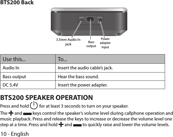 10 - EnglishBTS200 BackBassoutput3.5mm Audio In jackPower adapter inputUse this... To...Audio In Insert the audio cable’s jack.Bass output Hear the bass sound.DC 5.4V Insert the power adapter.BTS200 SPEAKER OPERATIONPress and hold   for at least 3 seconds to turn on your speaker. The   and   keys control the speaker’s volume level during callphone operation and music playback. Press and release the keys to increase or decrease the volume level one step at a time. Press and hold   and   to quickly raise and lower the volume levels. 