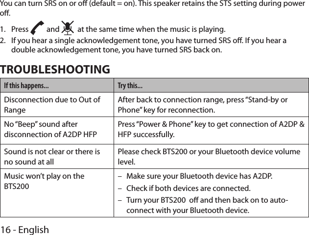 16 - EnglishYou can turn SRS on or o (default = on). This speaker retains the STS setting during power o.1.  Press   and   at the same time when the music is playing.2.  If you hear a single acknowledgement tone, you have turned SRS o. If you hear a double acknowledgement tone, you have turned SRS back on.TROUBLESHOOTINGIf this happens... Try this...Disconnection due to Out of RangeAfter back to connection range, press “Stand-by or Phone” key for reconnection.No “Beep” sound after disconnection of A2DP HFPPress “Power &amp; Phone” key to get connection of A2DP &amp; HFP successfully.Sound is not clear or there is no sound at allPlease check BTS200 or your Bluetooth device volume level.Music won’t play on the BTS200 –Make sure your Bluetooth device has A2DP. –Check if both devices are connected. –Turn your BTS200  o and then back on to auto-connect with your Bluetooth device.