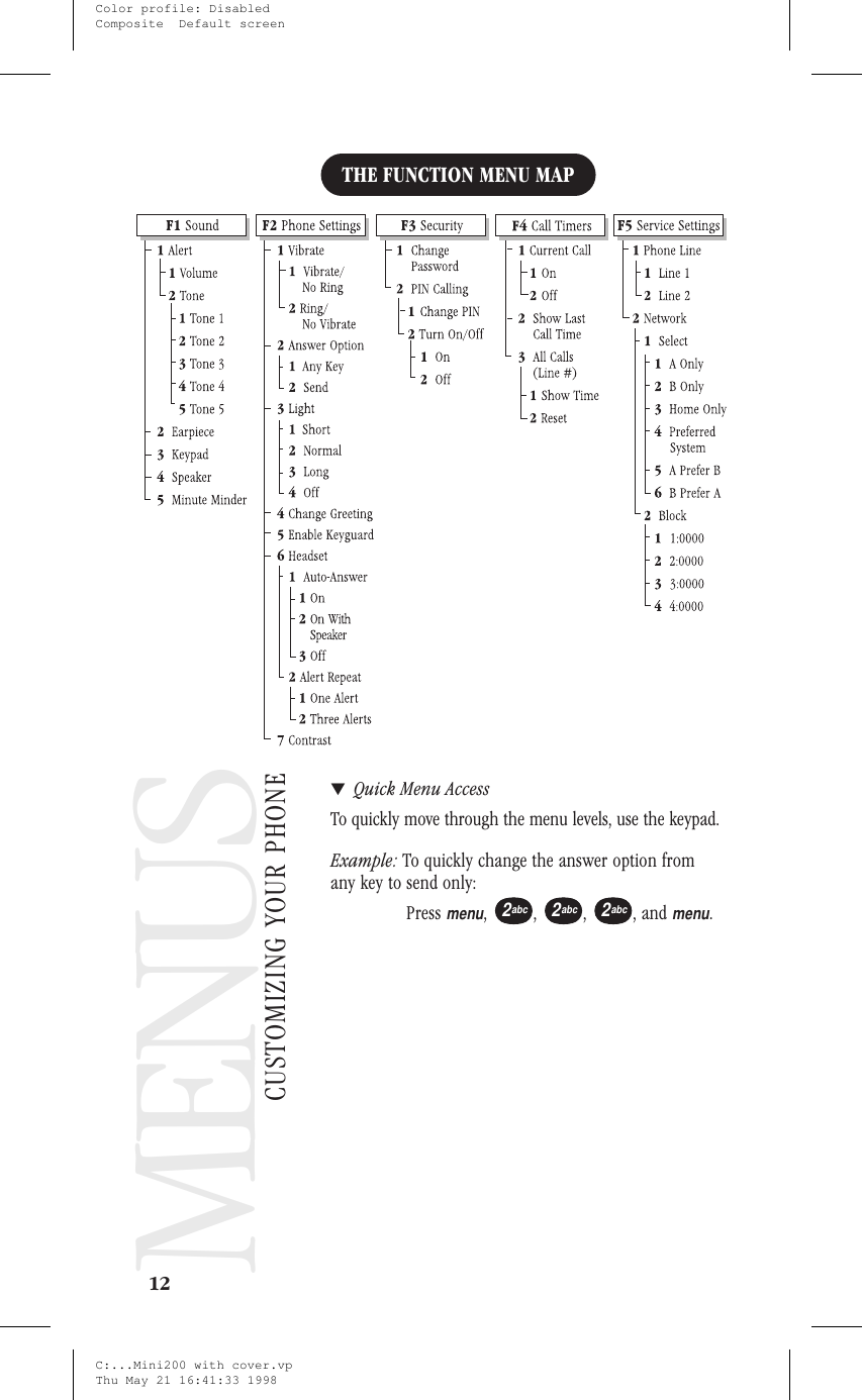 Menus - Customizing YourPhoneMENUSTHE FUNCTION MENU MAP▼Quick Menu AccessTo quickly move through the menu levels, use the keypad.Example: To quickly change the answer option fromany key to send only:Pressmenu,,,,andmenu.12MENUSCUSTOMIZING YOUR PHONE2abc2abc2abcC:...Mini200 with cover.vpThu May 21 16:41:33 1998Color profile: DisabledComposite  Default screen