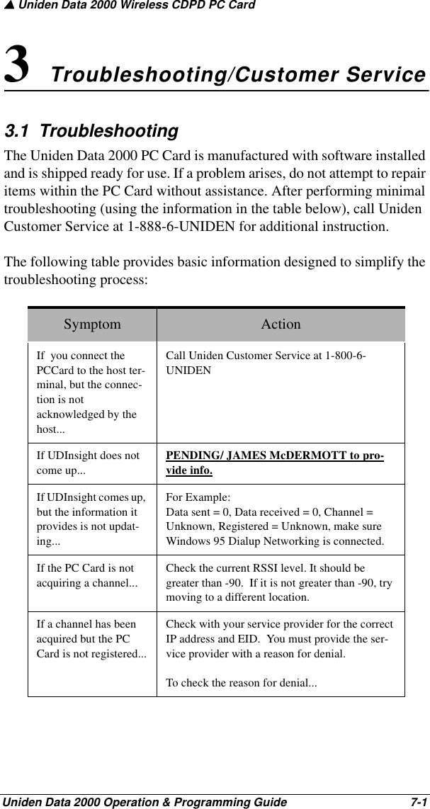 ▲ Uniden Data 2000 Wireless CDPD PC CardUniden Data 2000 Operation &amp; Programming Guide                                        7-13 Troubleshooting/Customer Service3.1  TroubleshootingThe Uniden Data 2000 PC Card is manufactured with software installed and is shipped ready for use. If a problem arises, do not attempt to repair items within the PC Card without assistance. After performing minimal troubleshooting (using the information in the table below), call Uniden Customer Service at 1-888-6-UNIDEN for additional instruction. The following table provides basic information designed to simplify the troubleshooting process:Symptom ActionIf  you connect the PCCard to the host ter-minal, but the connec-tion is not acknowledged by the host...Call Uniden Customer Service at 1-800-6-UNIDENIf UDInsight does not come up...PENDING/ JAMES McDERMOTT to pro-vide info.If UDInsight comes up, but the information it provides is not updat-ing...For Example:Data sent = 0, Data received = 0, Channel = Unknown, Registered = Unknown, make sure Windows 95 Dialup Networking is connected.If the PC Card is not acquiring a channel...Check the current RSSI level. It should be greater than -90.  If it is not greater than -90, try moving to a different location.If a channel has been acquired but the PC Card is not registered...Check with your service provider for the correct IP address and EID.  You must provide the ser-vice provider with a reason for denial.To check the reason for denial...