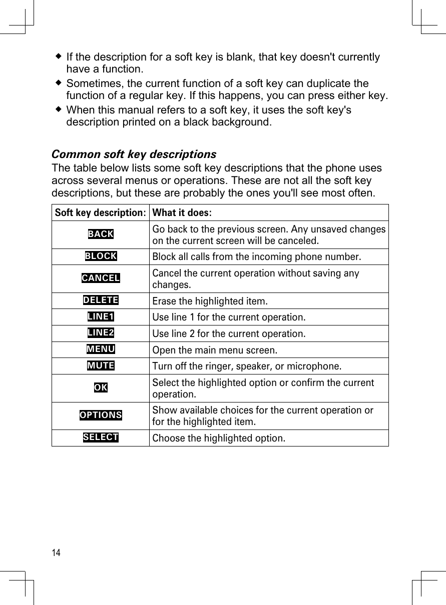 14If the description for a soft key is blank, that key doesn&apos;t currently have a function.Sometimes, the current function of a soft key can duplicate the function of a regular key. If this happens, you can press either key.When this manual refers to a soft key, it uses the soft key&apos;s description printed on a black background. Common soft key descriptionsThe table below lists some soft key descriptions that the phone uses across several menus or operations. These are not all the soft key descriptions, but these are probably the ones you&apos;ll see most often.Soft key description: What it does:BACKGo back to the previous screen. Any unsaved changes on the current screen will be canceled.BLOCKBlock all calls from the incoming phone number.CANCELCancel the current operation without saving any changes.DELETEErase the highlighted item.LINE1Use line 1 for the current operation.LINE2Use line 2 for the current operation.MENUOpen the main menu screen.MUTETurn off the ringer, speaker, or microphone.OKSelect the highlighted option or confirm the current operation.OPTIONSShow available choices for the current operation or for the highlighted item. SELECTChoose the highlighted option.